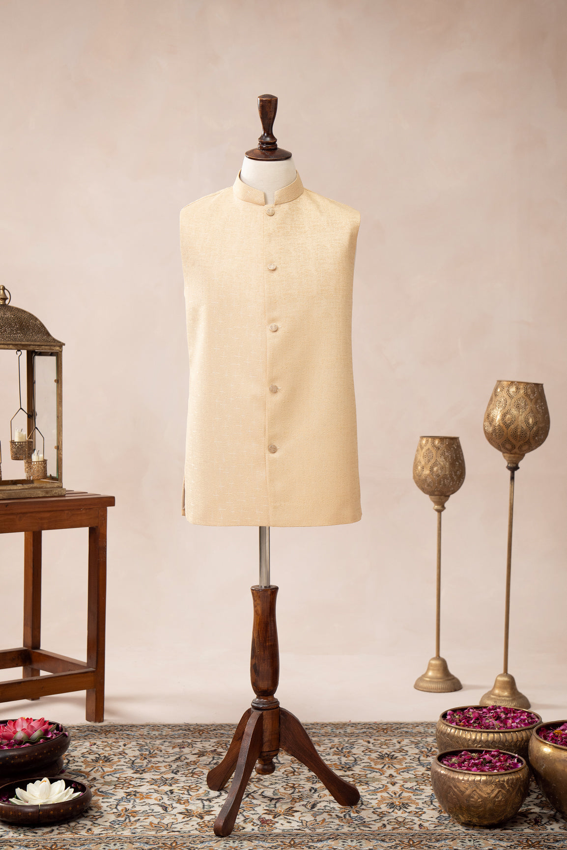Skin Waffle Textured Jamawar Waistcoat - Men