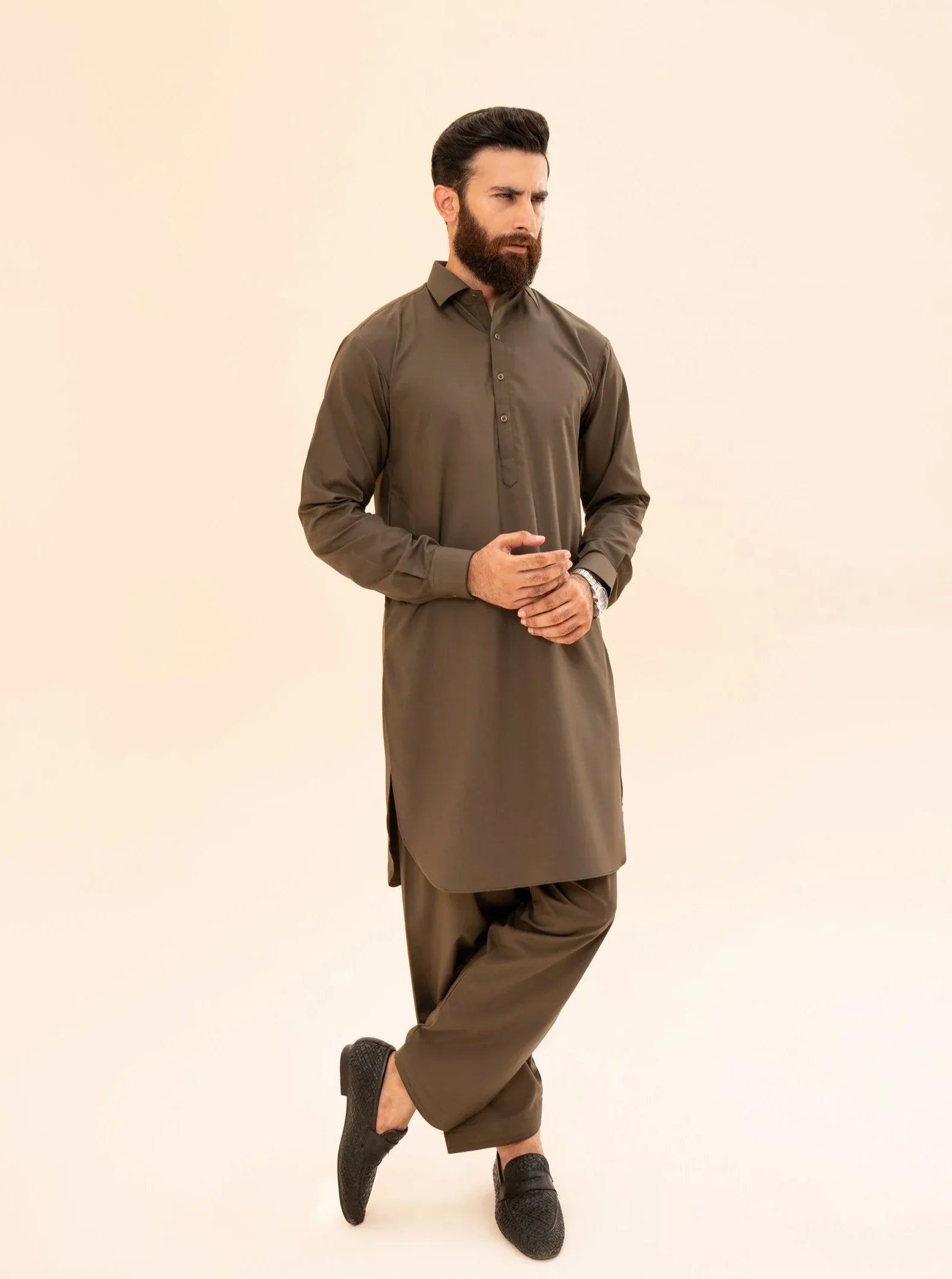 Olive Green French Collar Kameez Shalwar - Men - Muraqsh -- Menswear