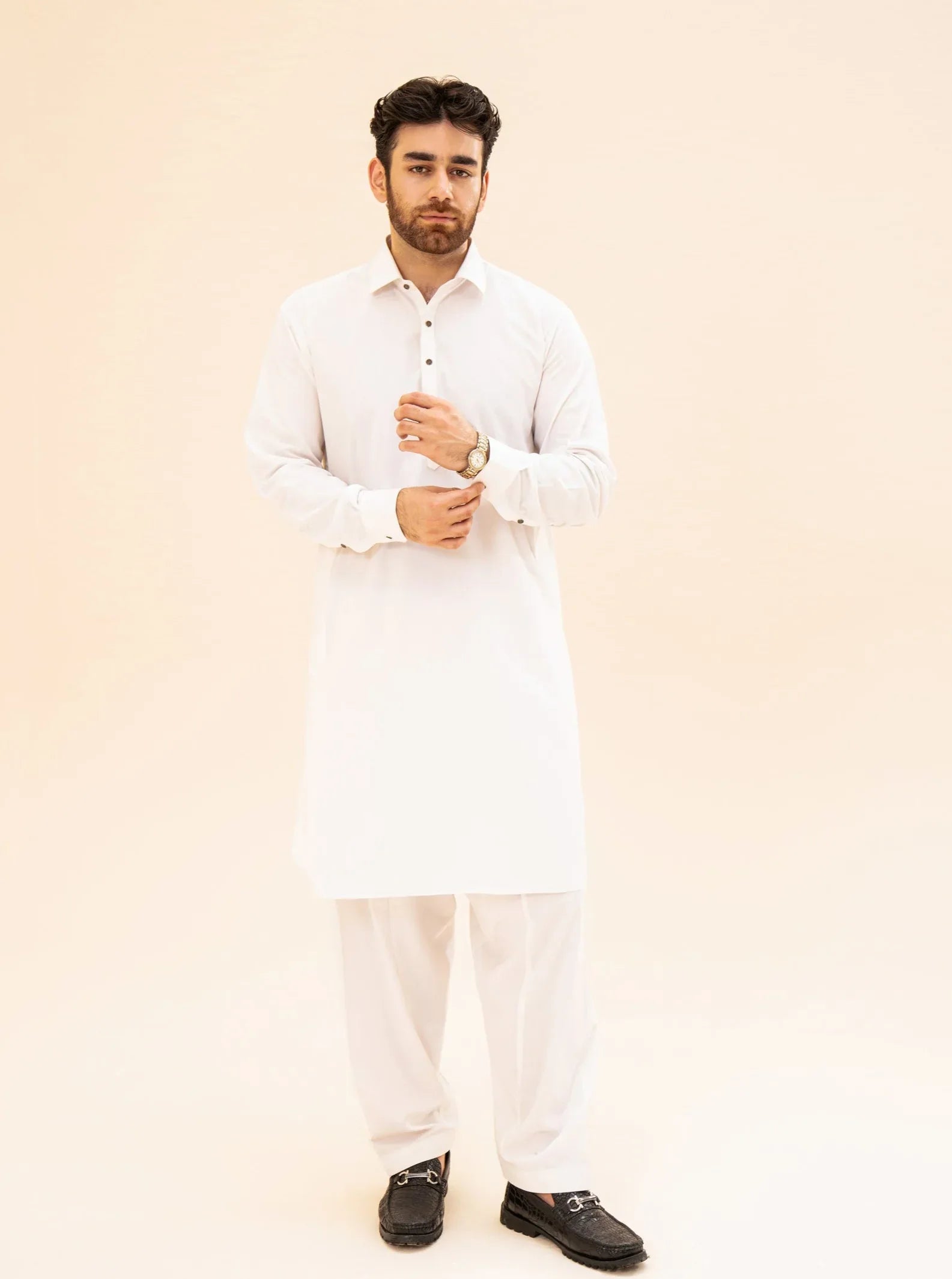Off White French Collar Kameez Shalwar - Men - Muraqsh -- Menswear