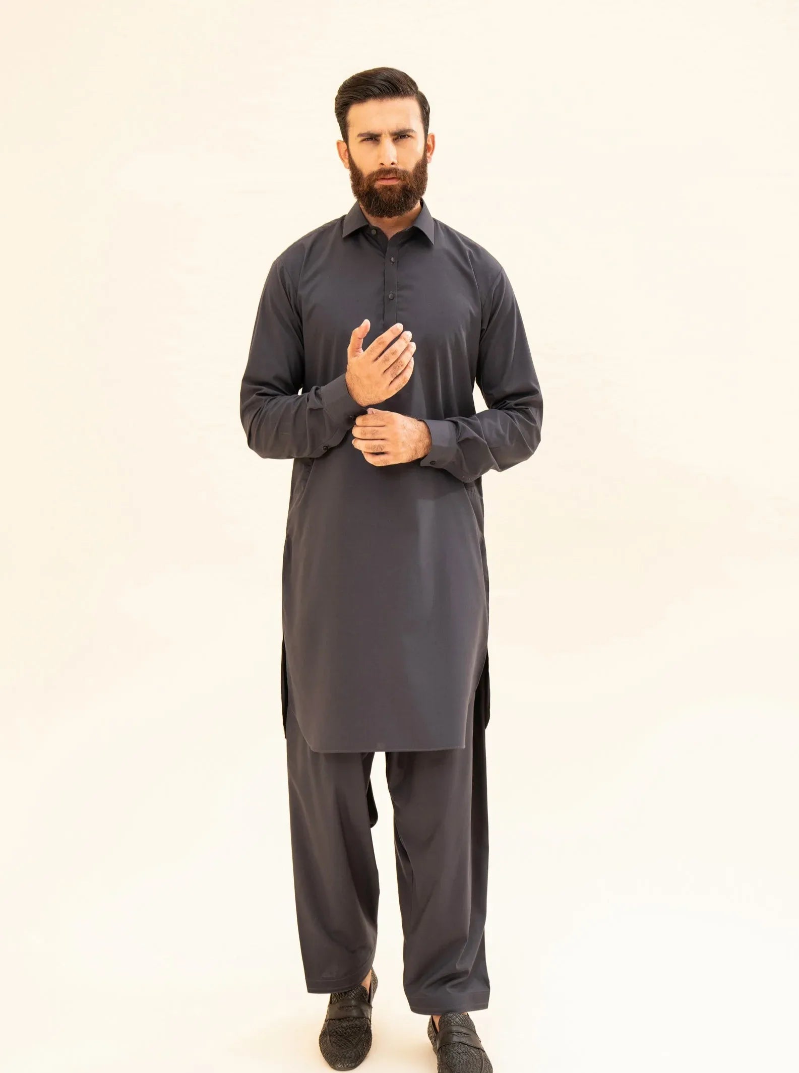 Charcoal Grey French Collar Kameez Shalwar - Men - Muraqsh -- Menswear