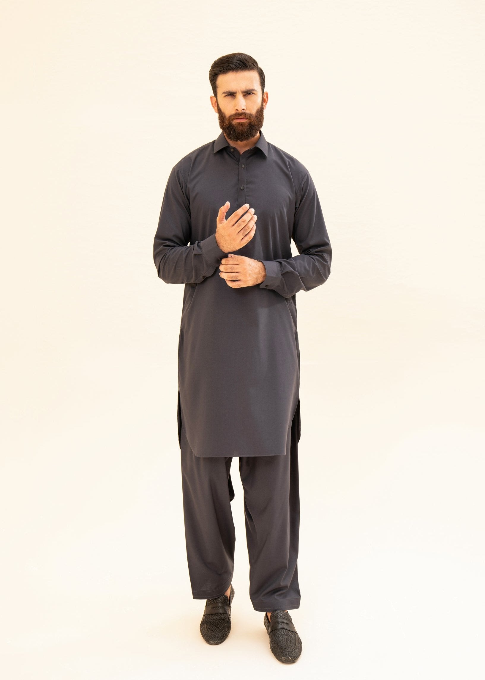 Charcoal Grey Kurta Trouser/Shalwar - Men