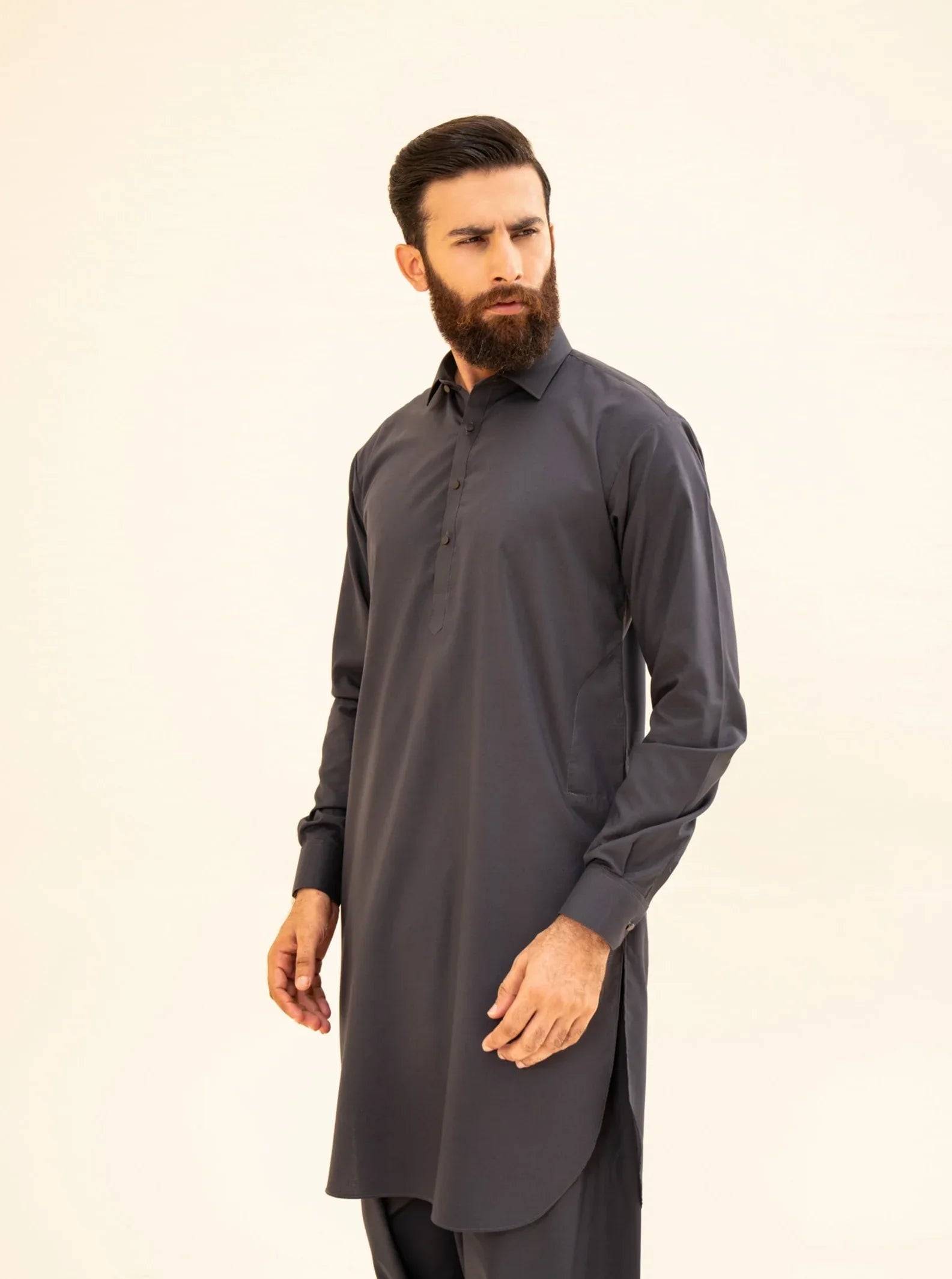 Charcoal Grey French Collar Kameez Shalwar - Men - Muraqsh -- Menswear