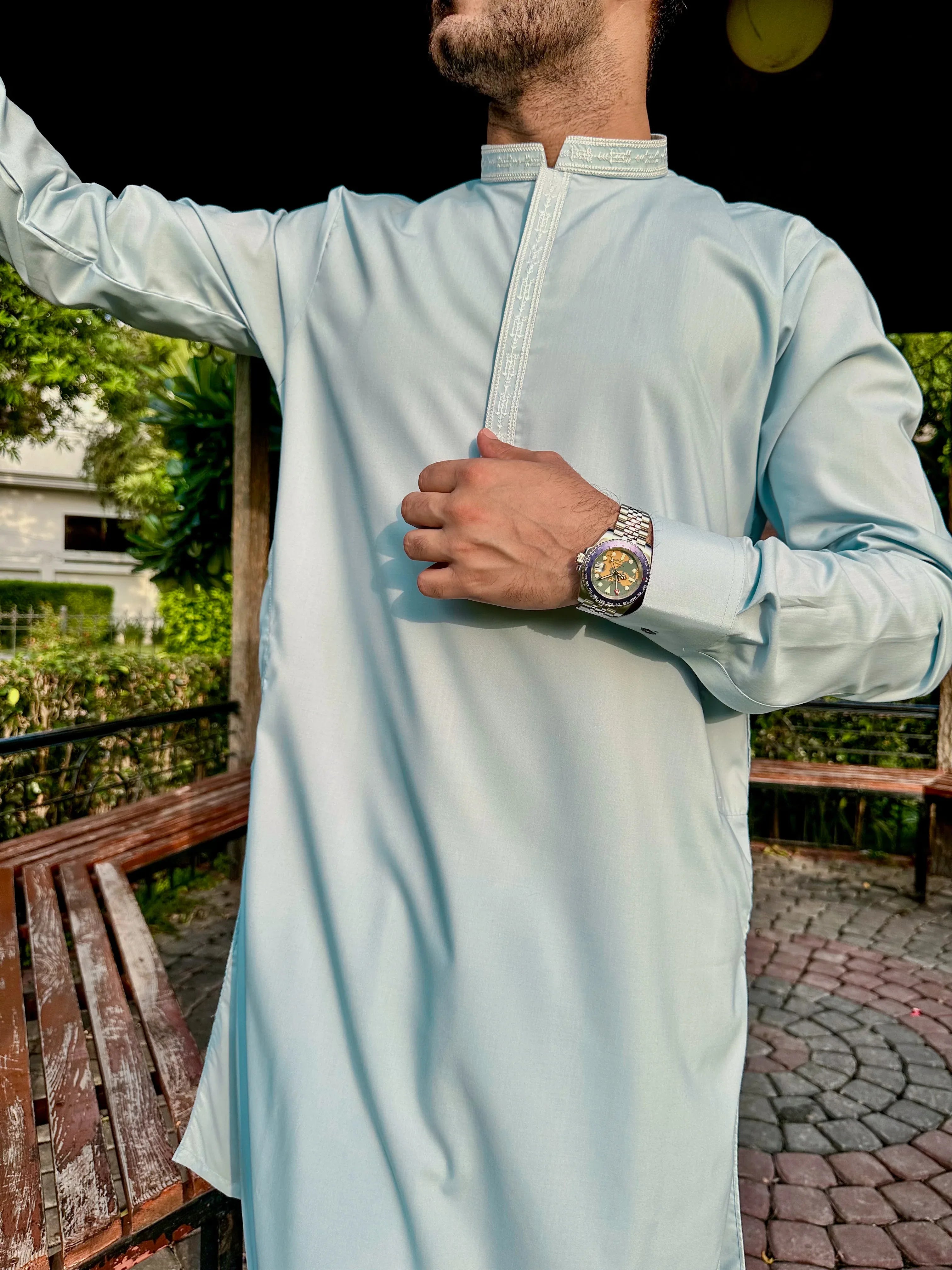 Formal Sky Blue Kurta Shalwar - Collar Neck Embroidered - Men - Muraqsh -- Menswear