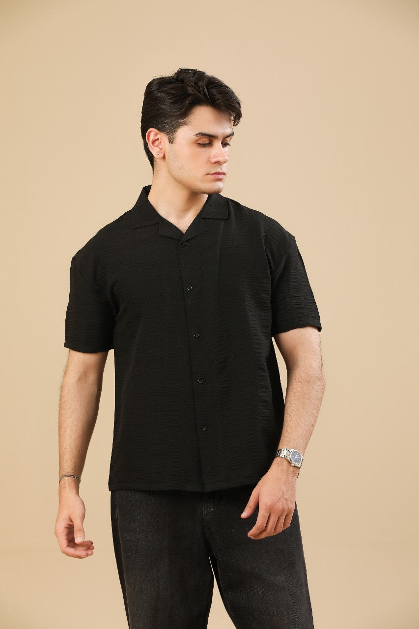 Black Textured Oversized Resort Collar Button Down - Men