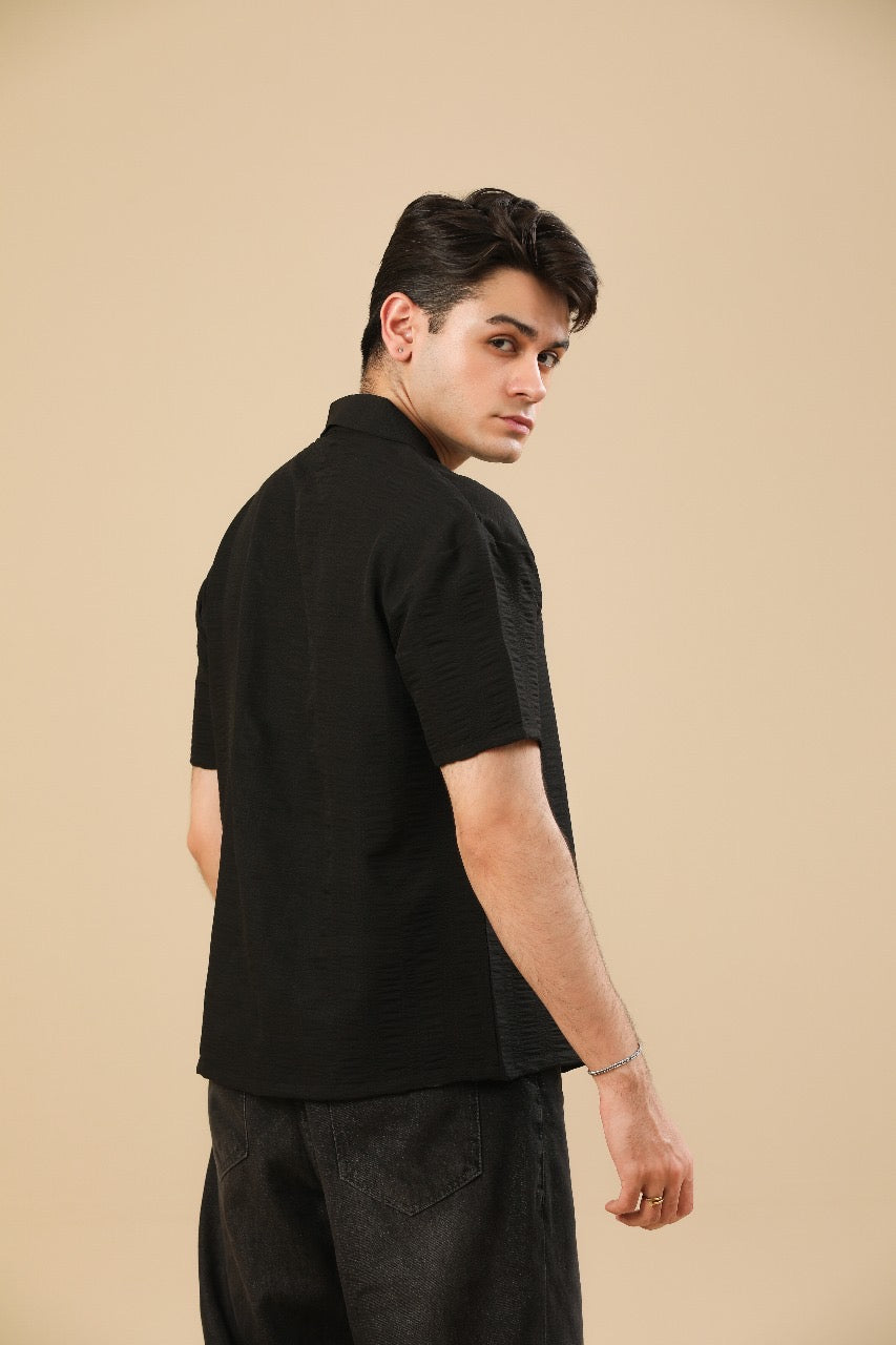 Black Textured Oversized Resort Collar Button Down - Men