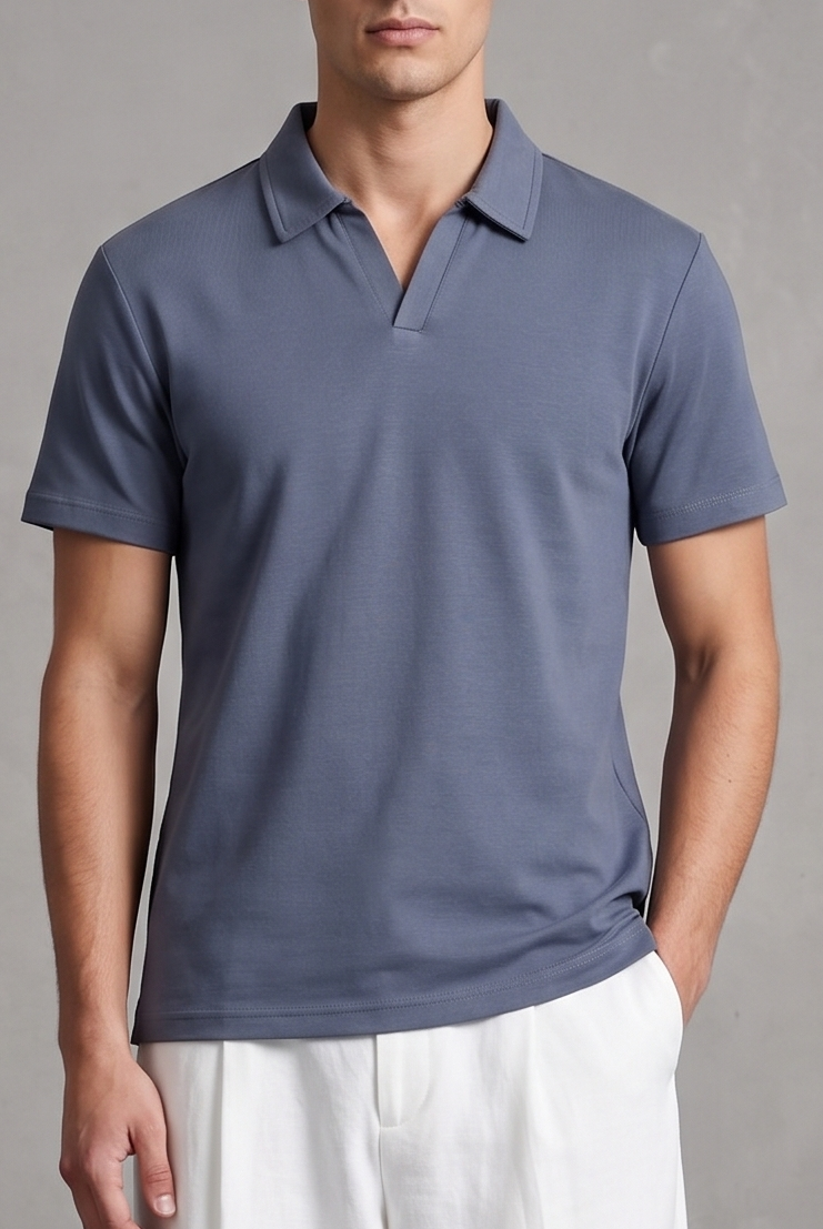 Bluish Grey Interlock Johnny Collar Polo - Smart Fit - Men