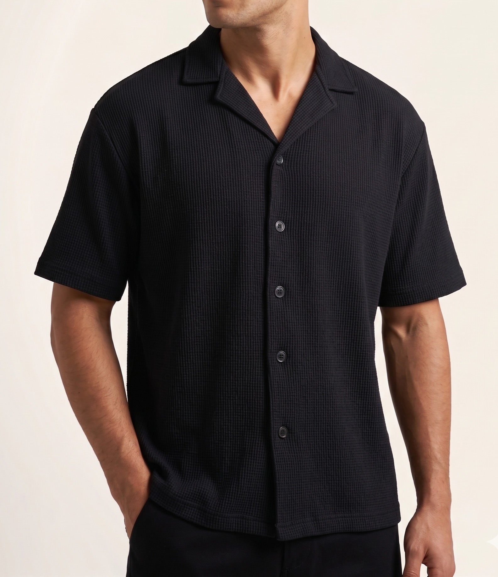 Black Waffle Boxy Revere Button Down - Men