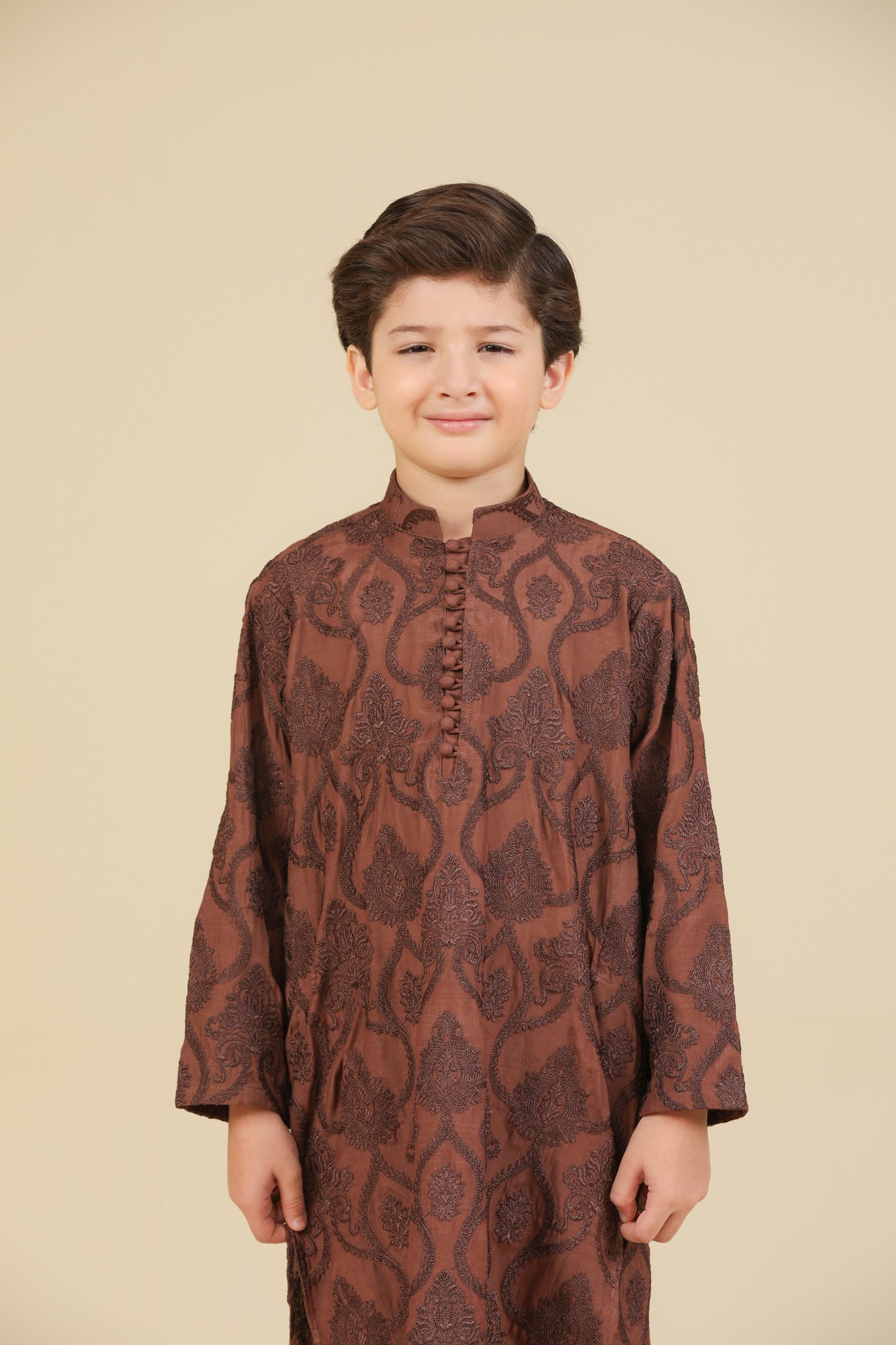 Faris - Cocoa Brown Raw Silk Embroidered Kurta Trouser - Kids