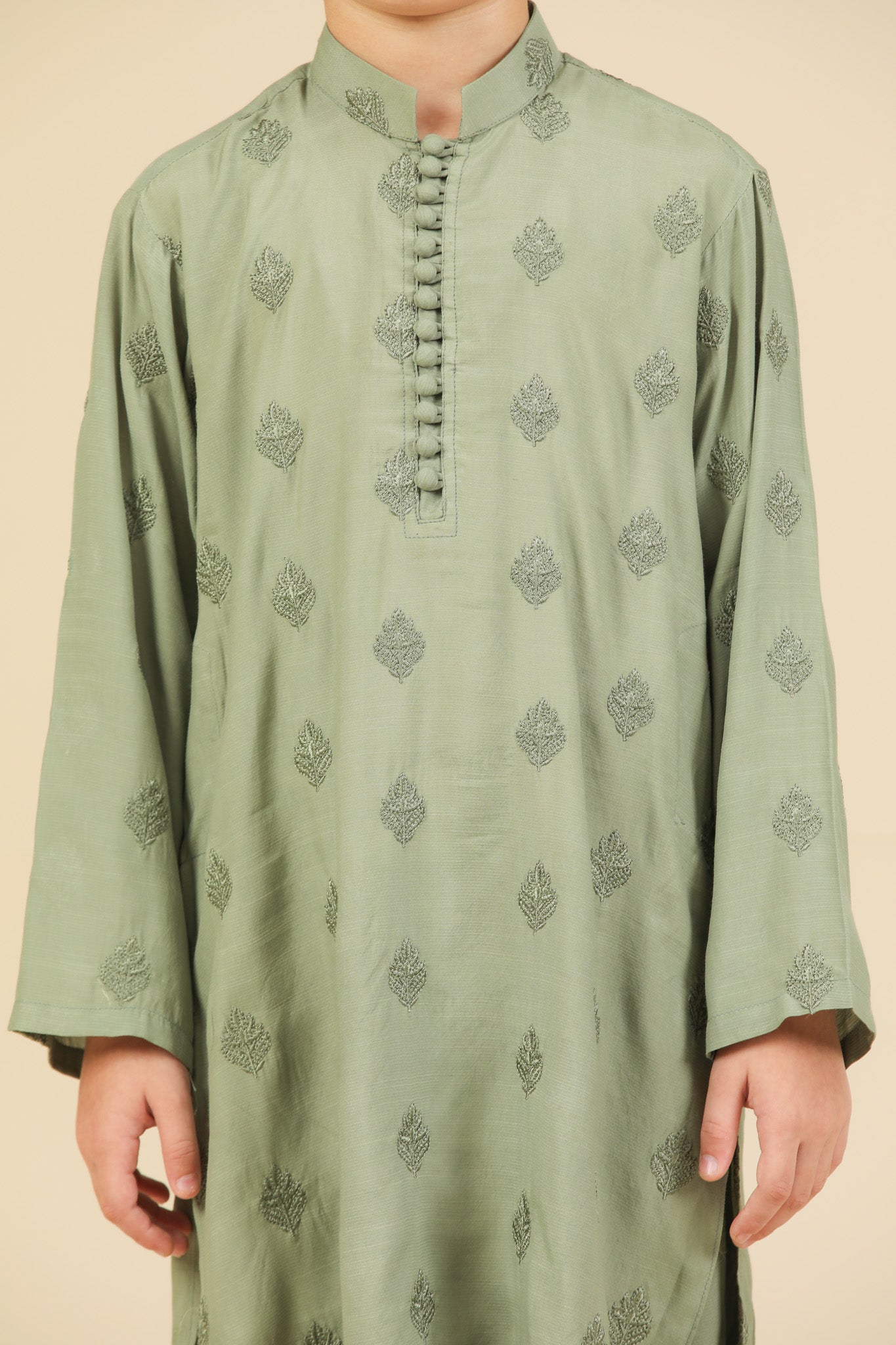 Bahaar - Mint Raw Silk Embroidered Kurta Trouser - Kids