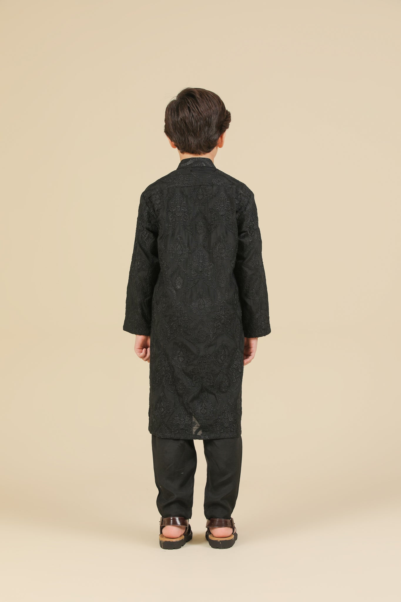 Zauq - Black Raw Silk Embroidered Kurta Trouser - Kids