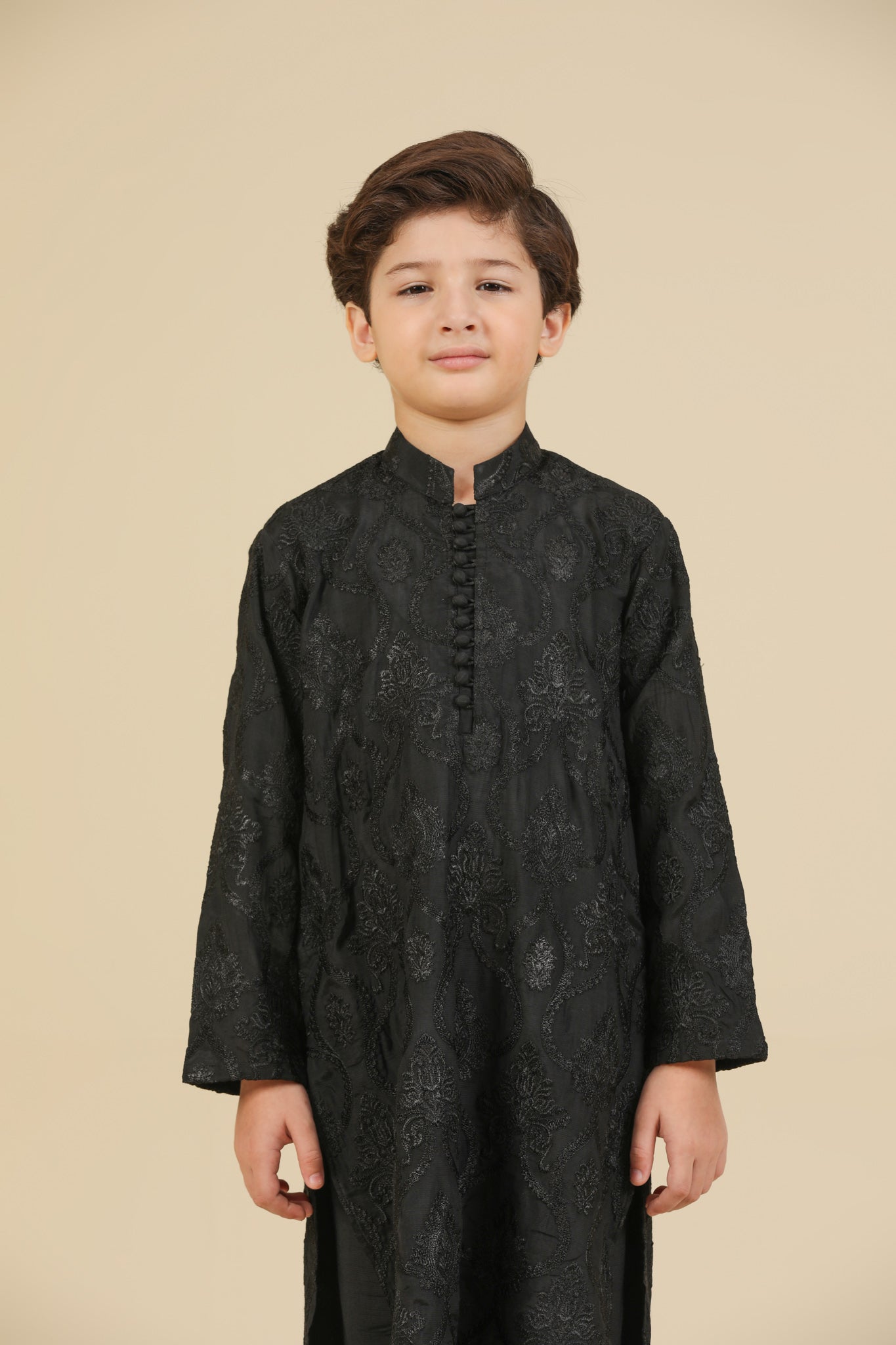 Zauq - Black Raw Silk Embroidered Kurta Trouser - Kids