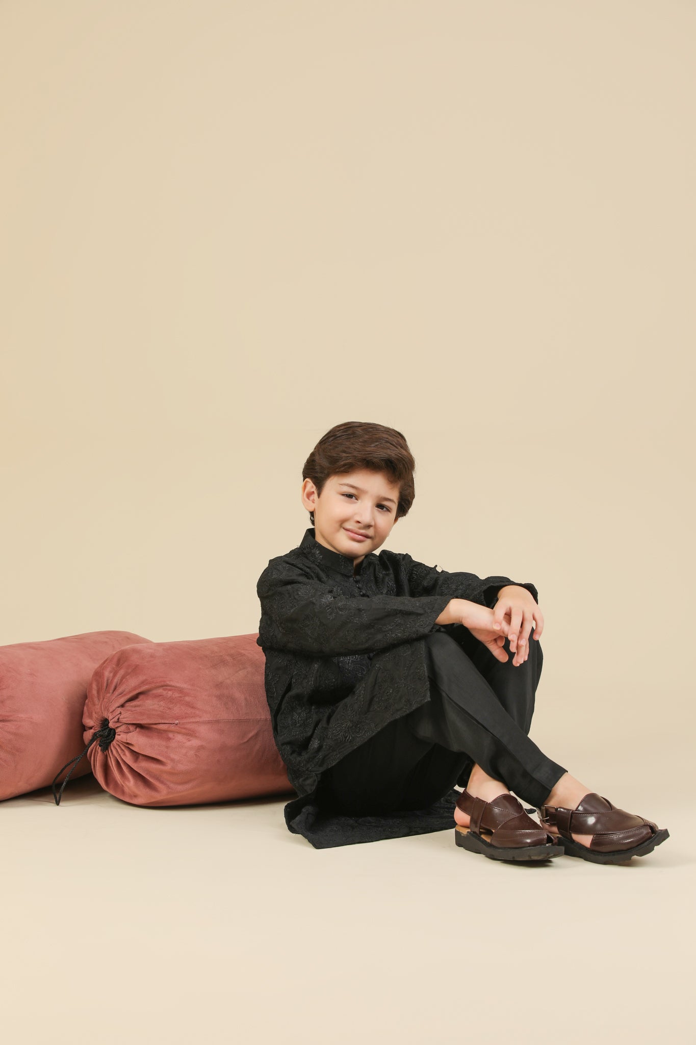 Zauq - Black Raw Silk Embroidered Kurta Trouser - Kids