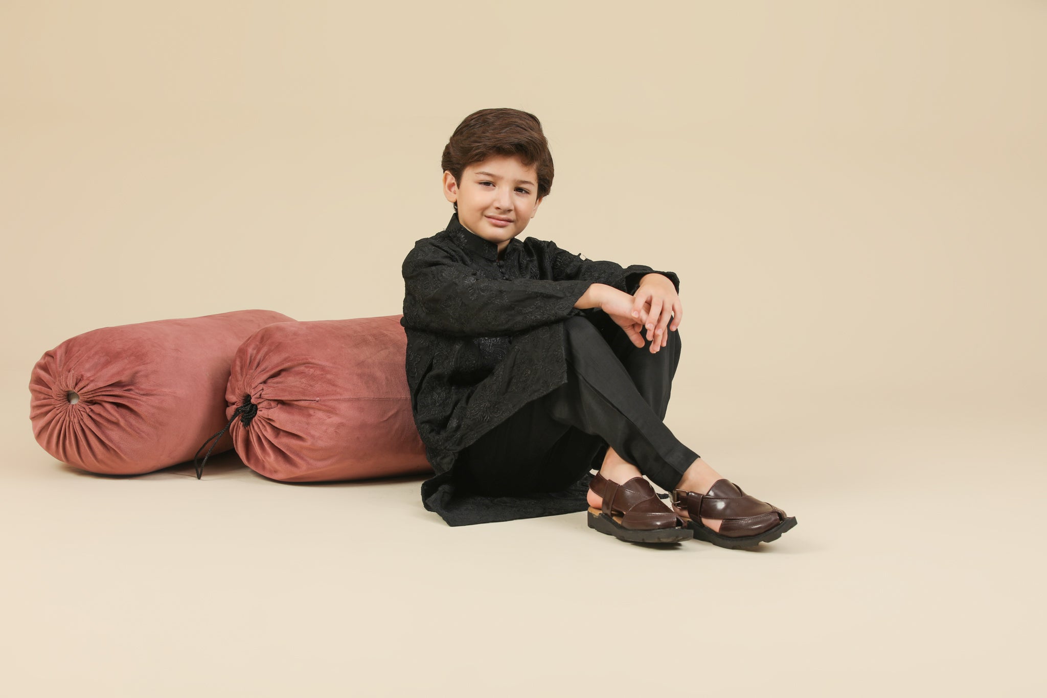 Zauq - Black Raw Silk Embroidered Kurta Trouser - Kids