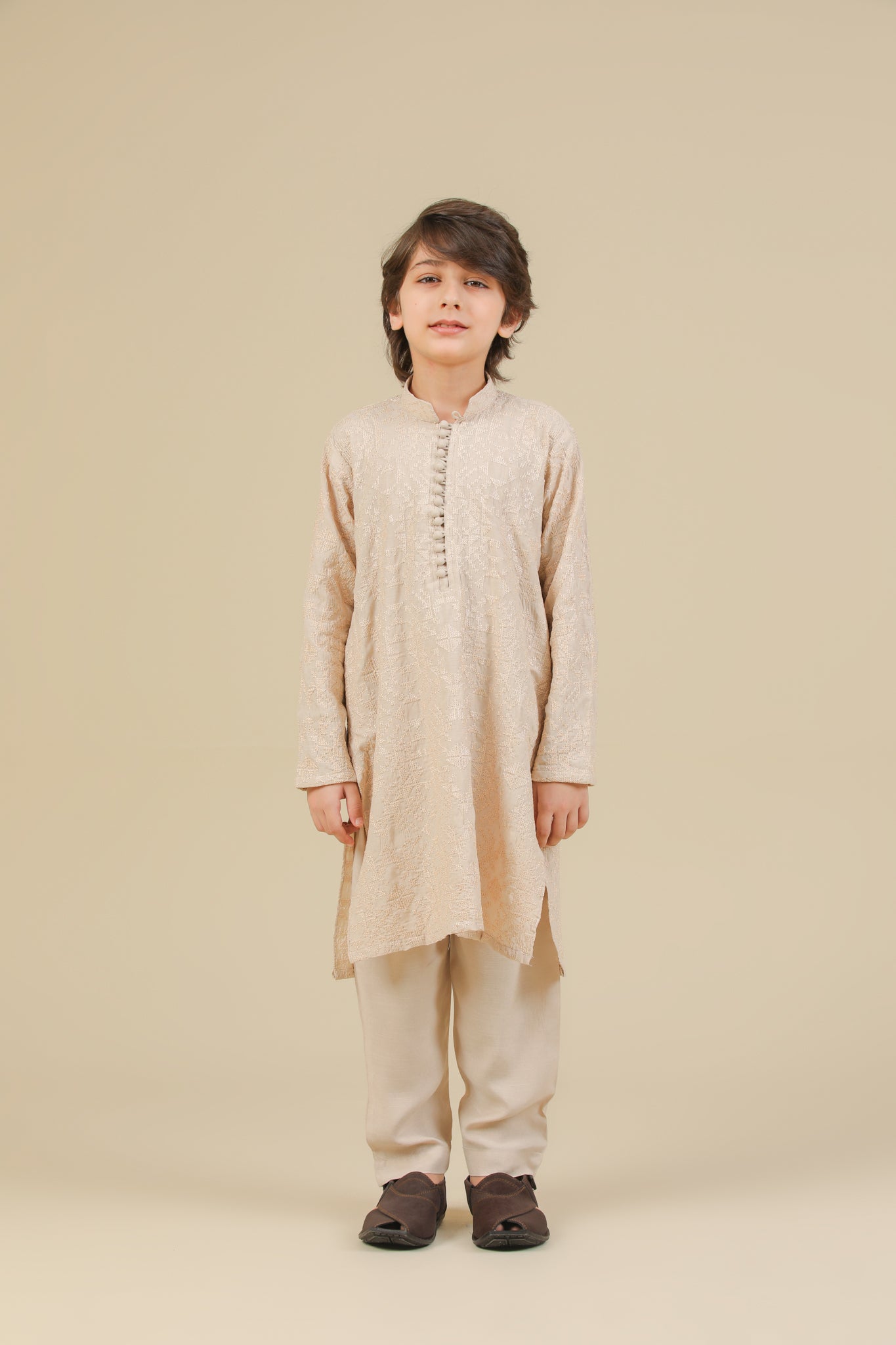 Tabir - Beige Raw Silk Embroidered Kurta Trouser - Kids