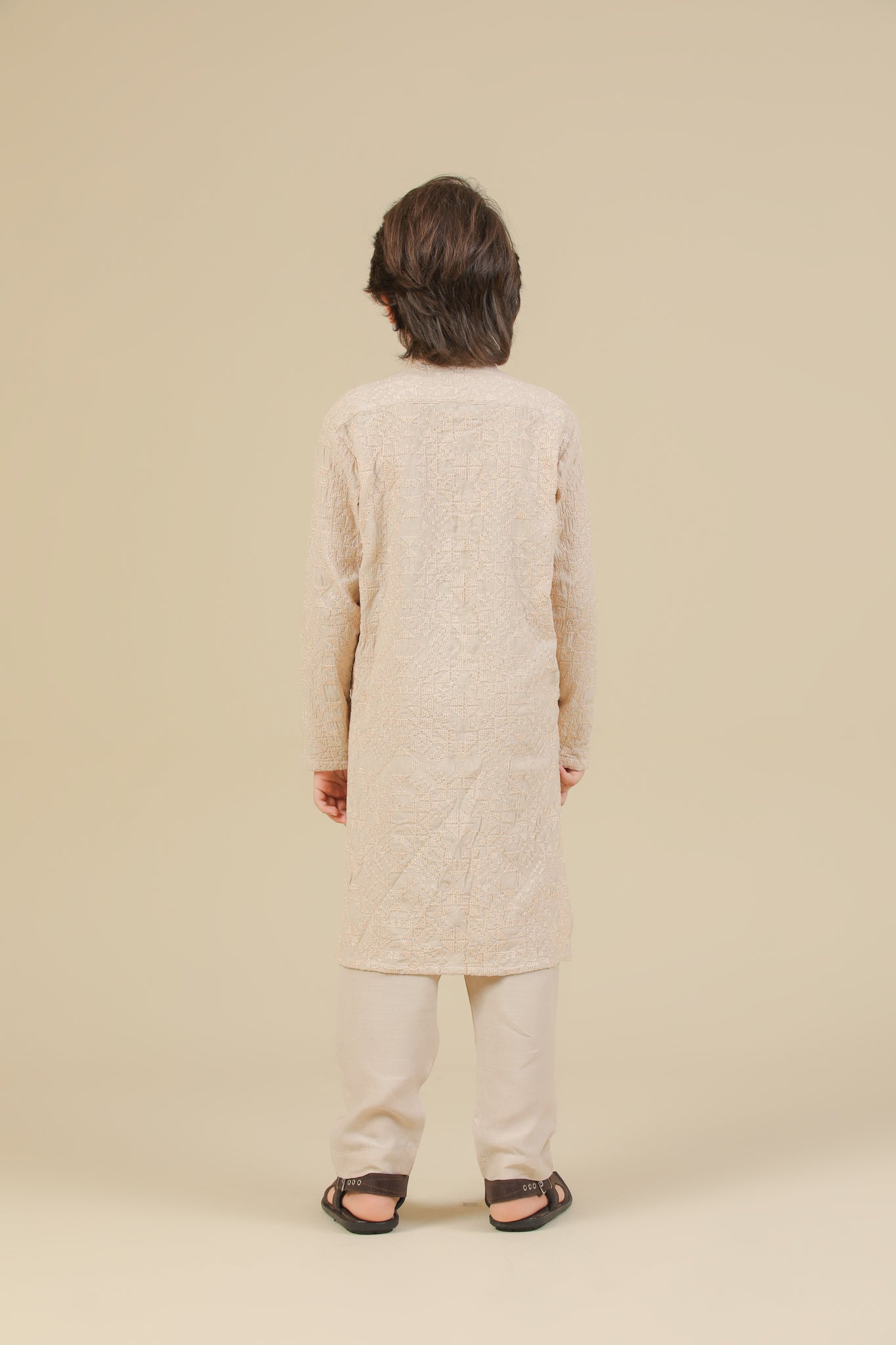 Tabir - Beige Raw Silk Embroidered Kurta Trouser - Kids