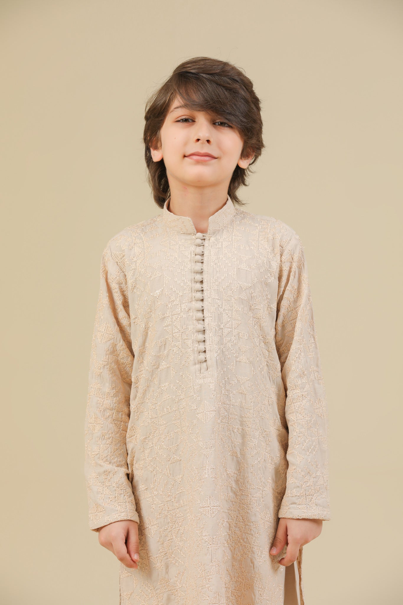 Tabir - Beige Raw Silk Embroidered Kurta Trouser - Kids
