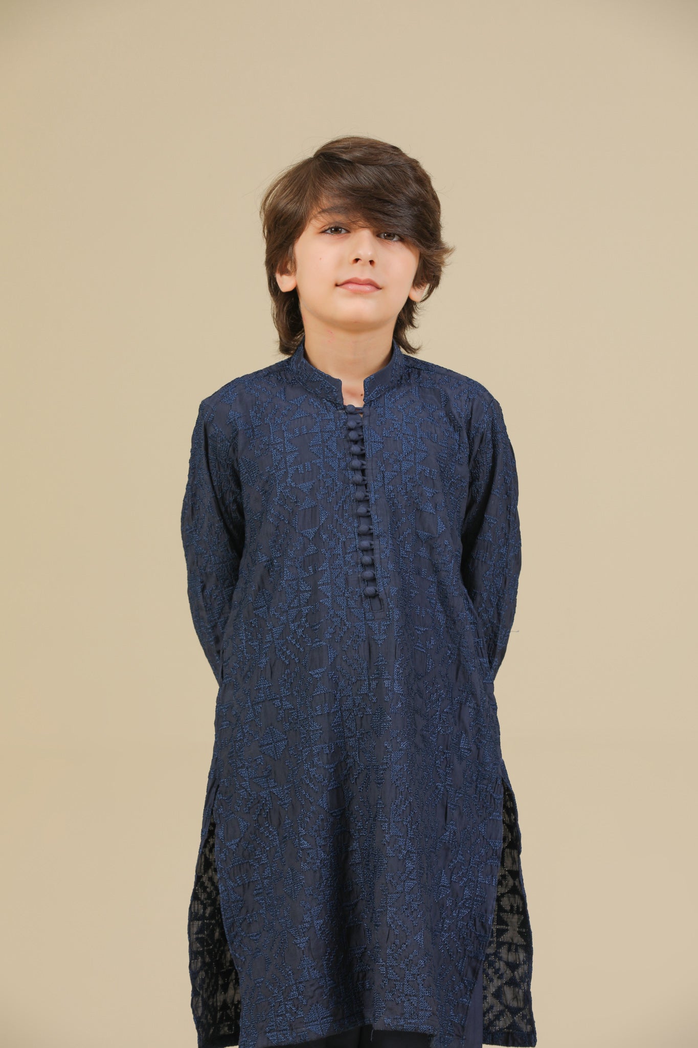 Feroz - Dark Blue Raw Silk Embroidered Kurta Trouser - Kids