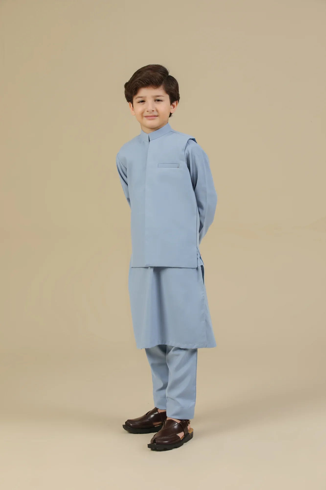 Sapphire Blue Kurta Trouser with Blended Waistcoat - Kids - Muraqsh -- Kidswear