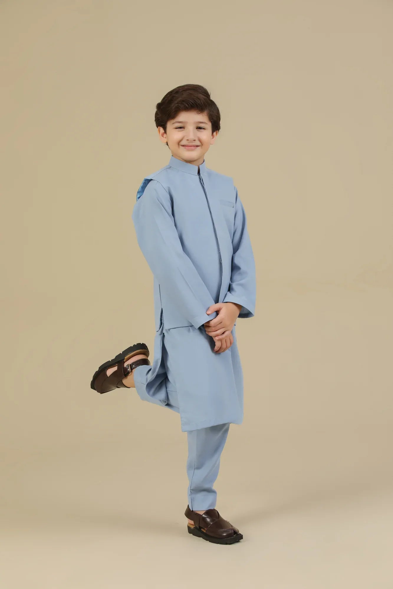 Sapphire Blue Kurta Trouser with Blended Waistcoat - Kids - Muraqsh -- Kidswear