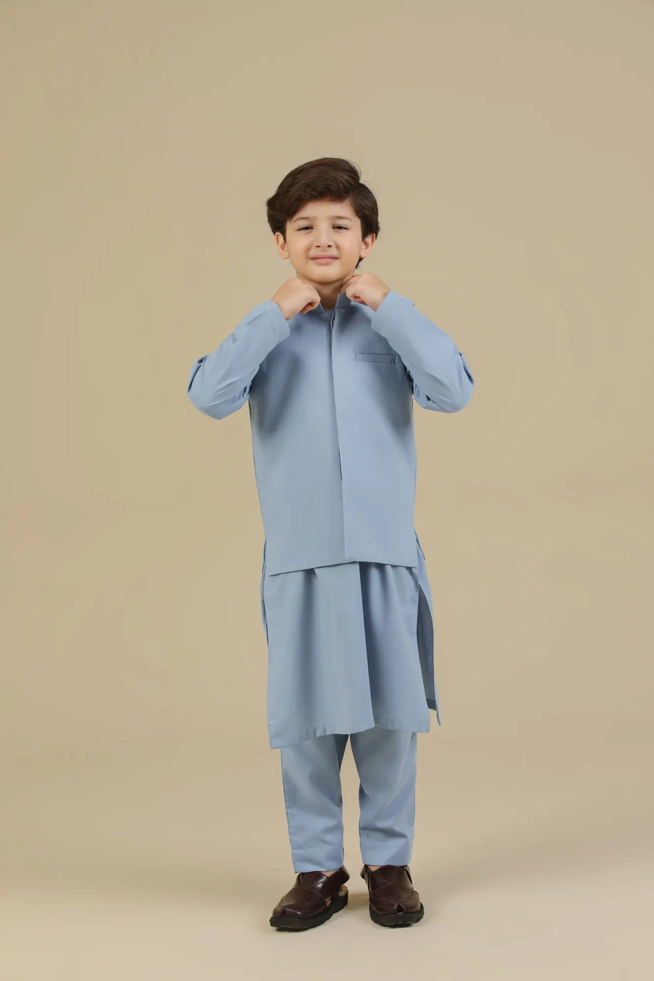 Sapphire Blue Kurta Trouser with Blended Waistcoat - Kids - Muraqsh -- Kidswear