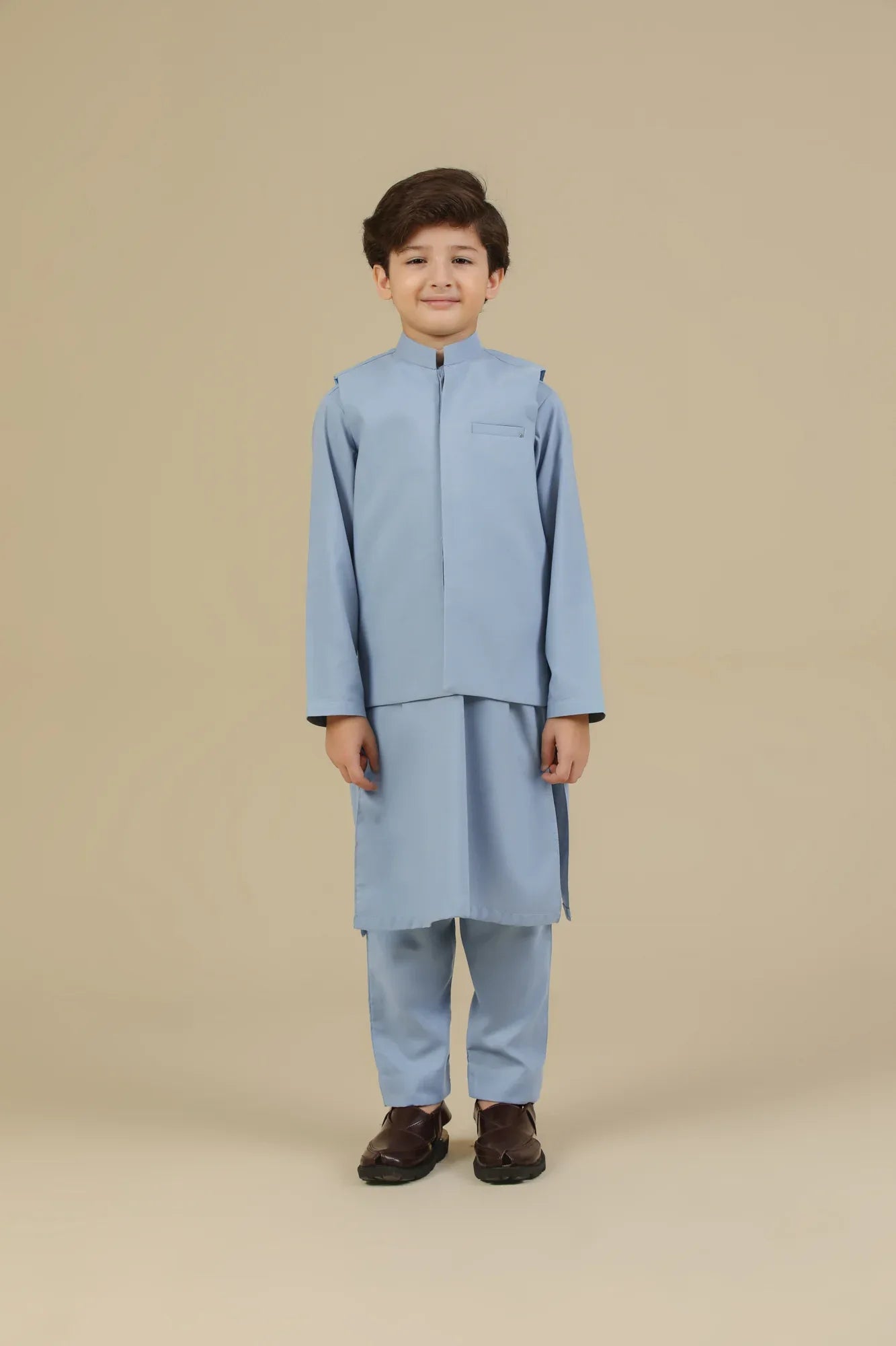 Sapphire Blue Kurta Trouser with Blended Waistcoat - Kids - Muraqsh -- Kidswear