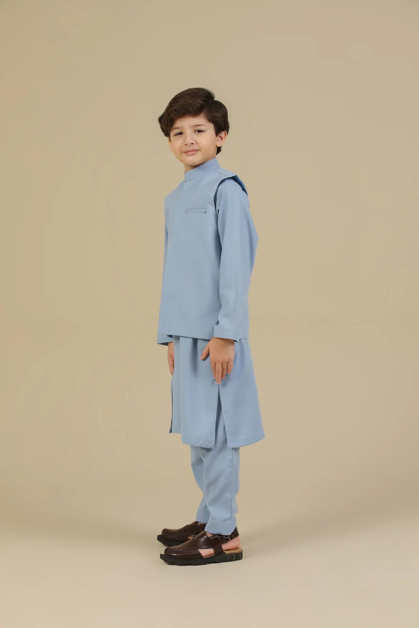 Sapphire Blue Kurta Trouser with Blended Waistcoat - Kids - Muraqsh -- Kidswear