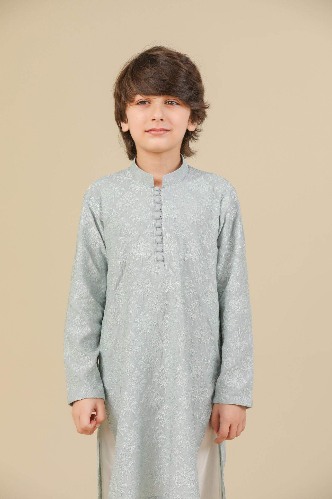 Abroo - Ice Blue Raw Silk Embroidered Kurta Trouser - Kids