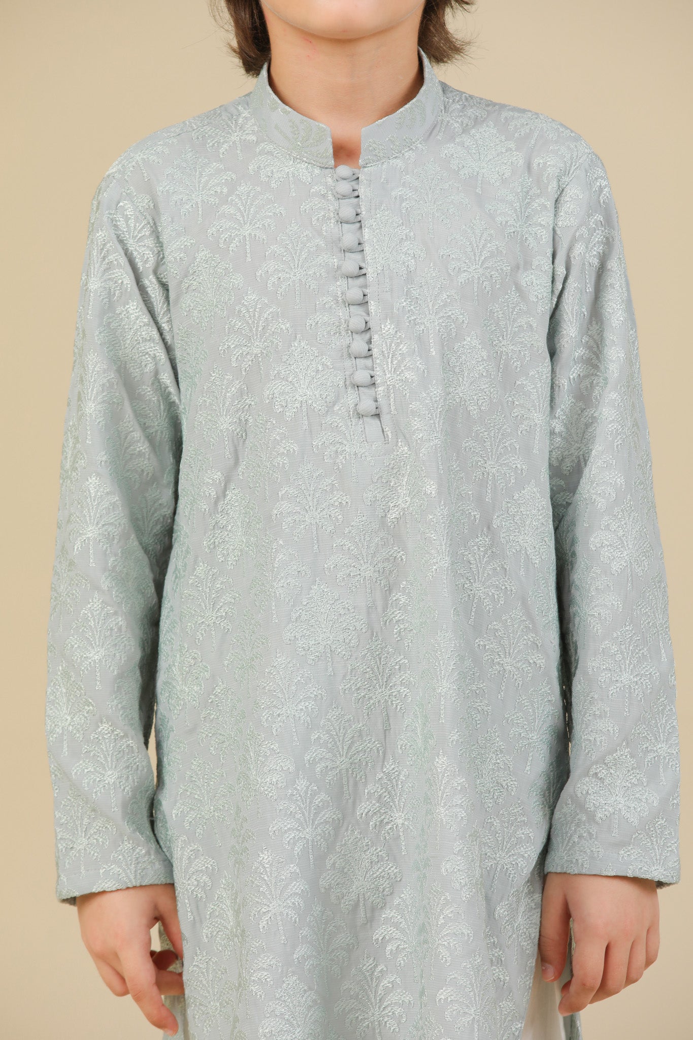 Abroo - Ice Blue Raw Silk Embroidered Kurta Trouser - Kids