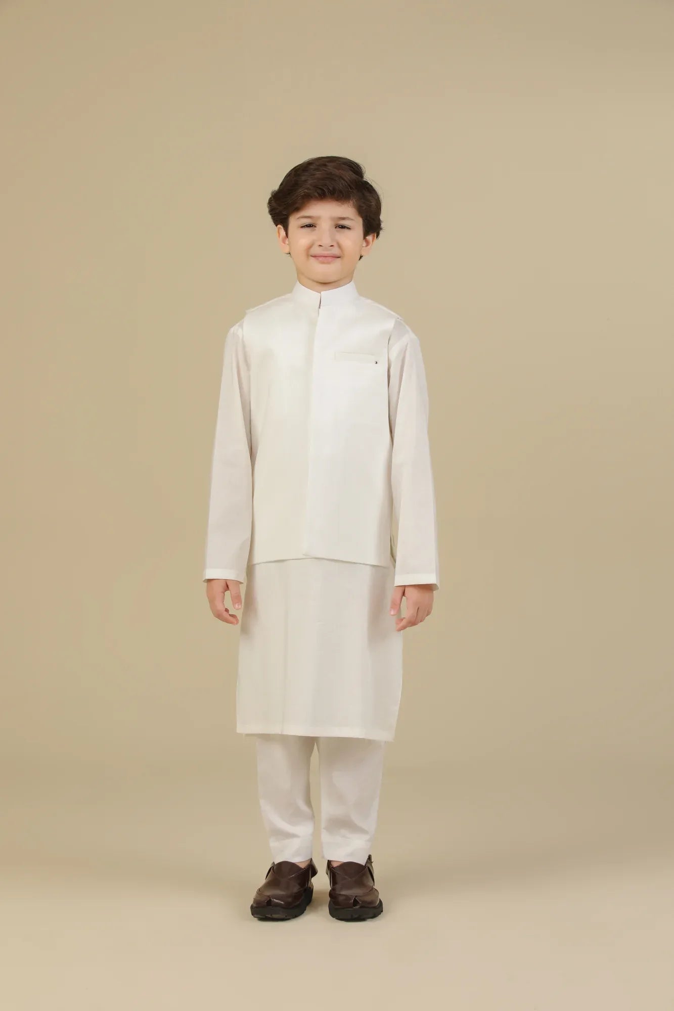 Off White Soft Cotton Kurta Trouser with Waistcoat - Kids - Muraqsh -- Kidswear
