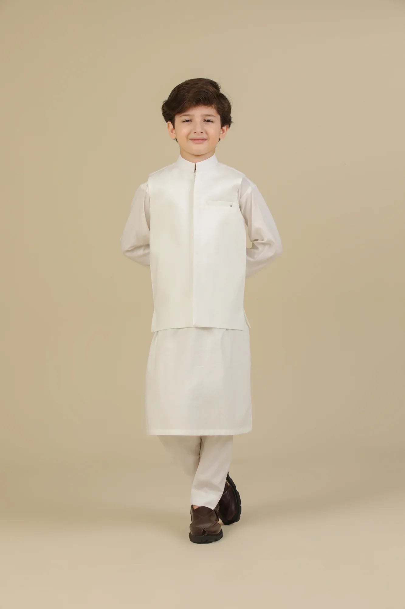 Off White Soft Cotton Kurta Trouser with Waistcoat - Kids - Muraqsh -- Kidswear