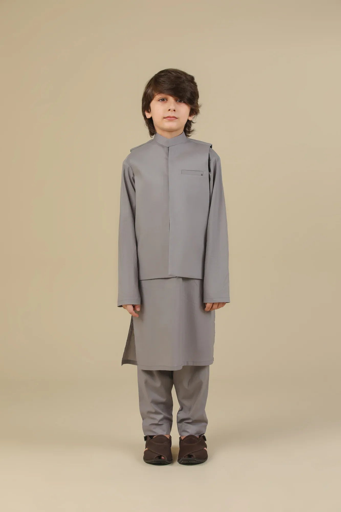 Light Grey Soft Cotton Kurta Trouser with Waistcoat - Kids - Muraqsh -- Kidswear