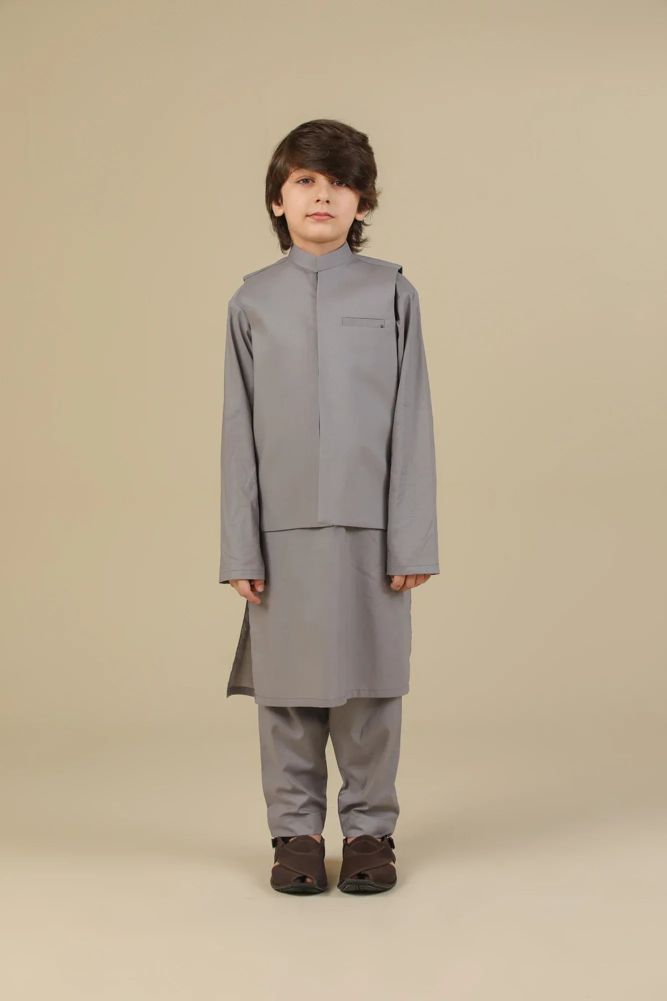 Light Grey Soft Cotton Kurta Trouser with Waistcoat - Kids - Muraqsh -- Kidswear