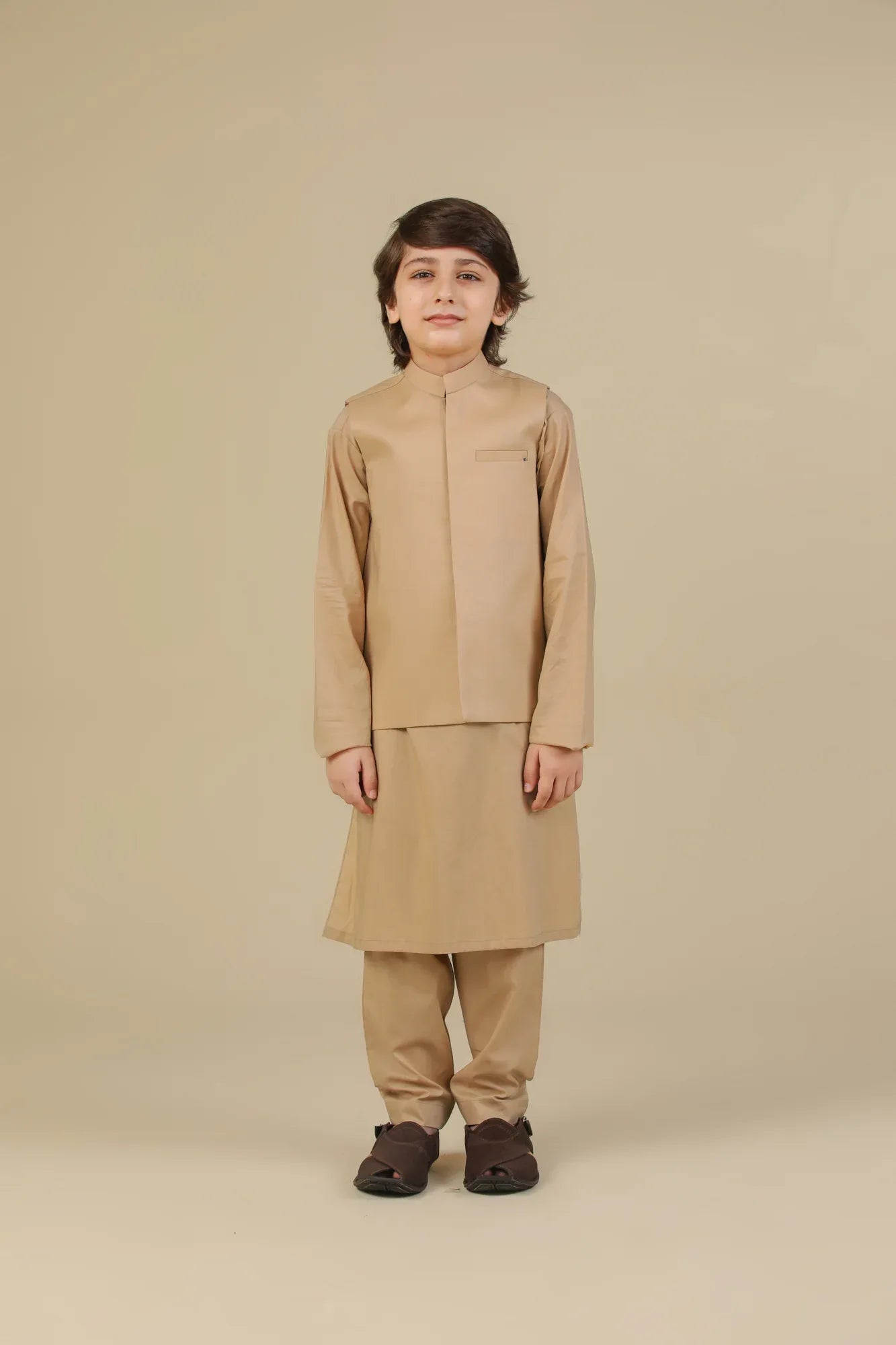 Camel Soft Cotton Kurta Trouser with Waistcoat - Kids - Muraqsh -- Kidswear