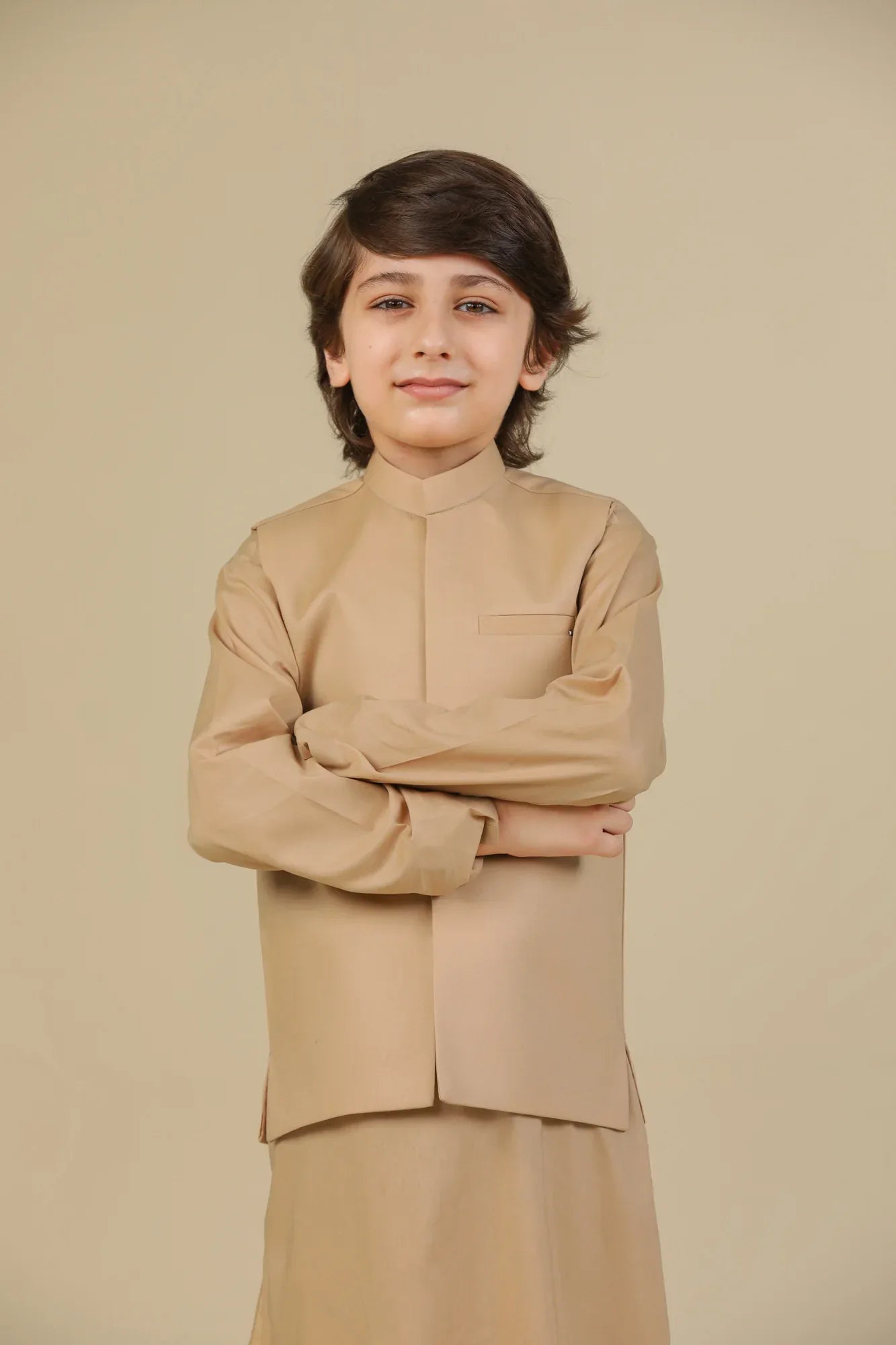 Camel Soft Cotton Kurta Trouser with Waistcoat - Kids - Muraqsh -- Kidswear