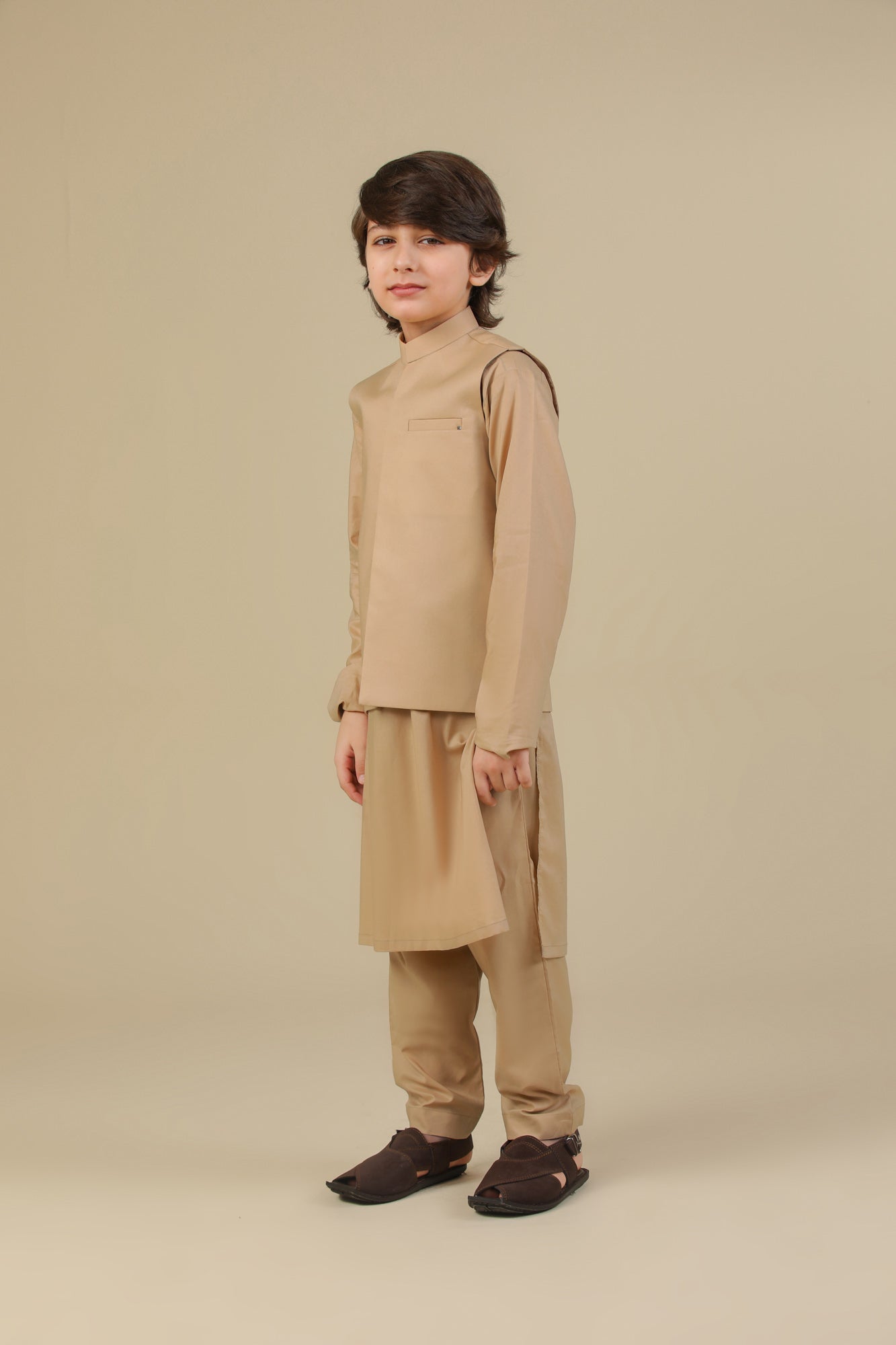 Camel Soft Cotton Kurta Trouser with Waistcoat - Kids