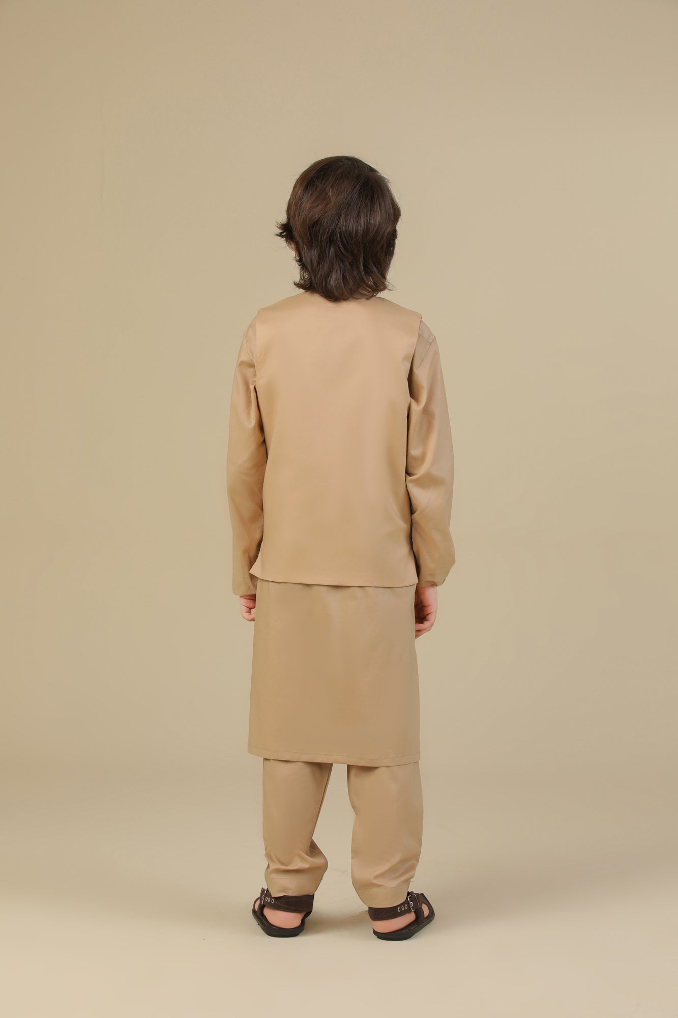 Camel Soft Cotton Kurta Trouser with Waistcoat - Kids