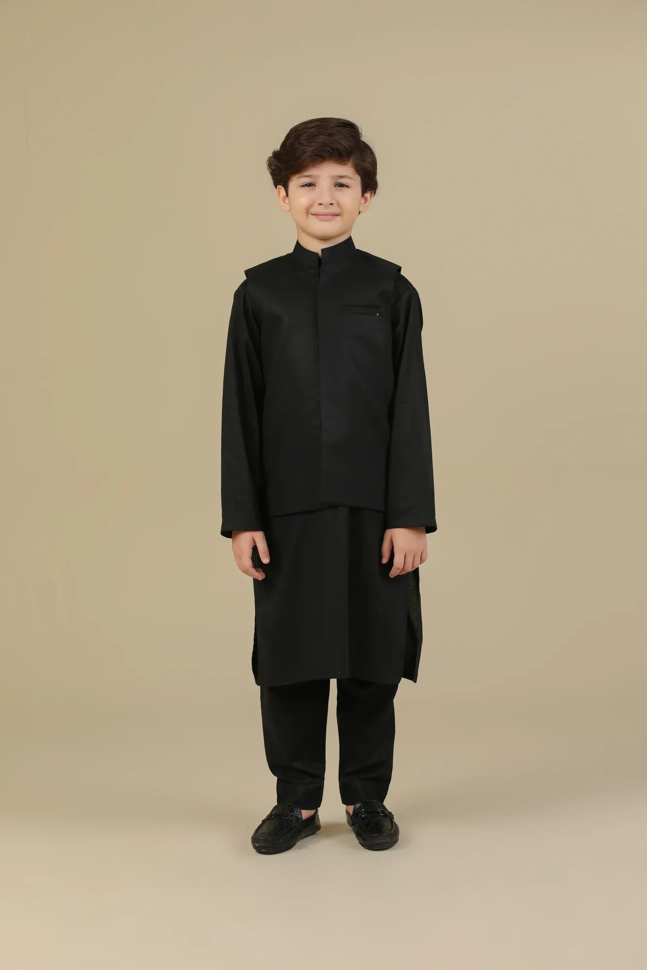 Black Soft Cotton Kurta Trouser with Waistcoat - Kids - Muraqsh -- Kidswear