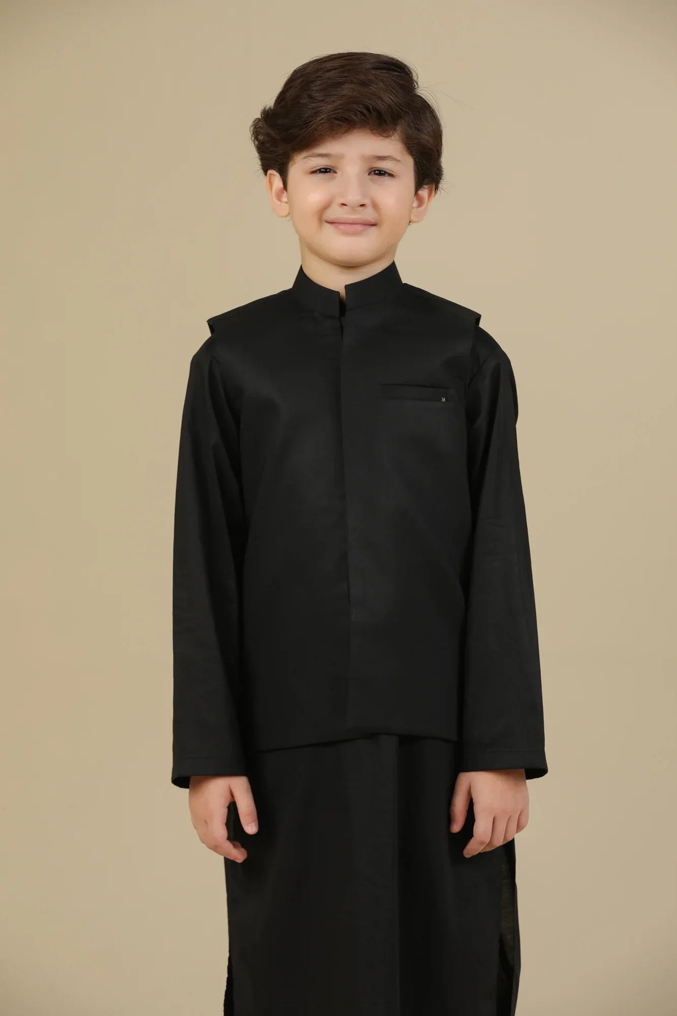 Black Soft Cotton Kurta Trouser with Waistcoat - Kids - Muraqsh -- Kidswear
