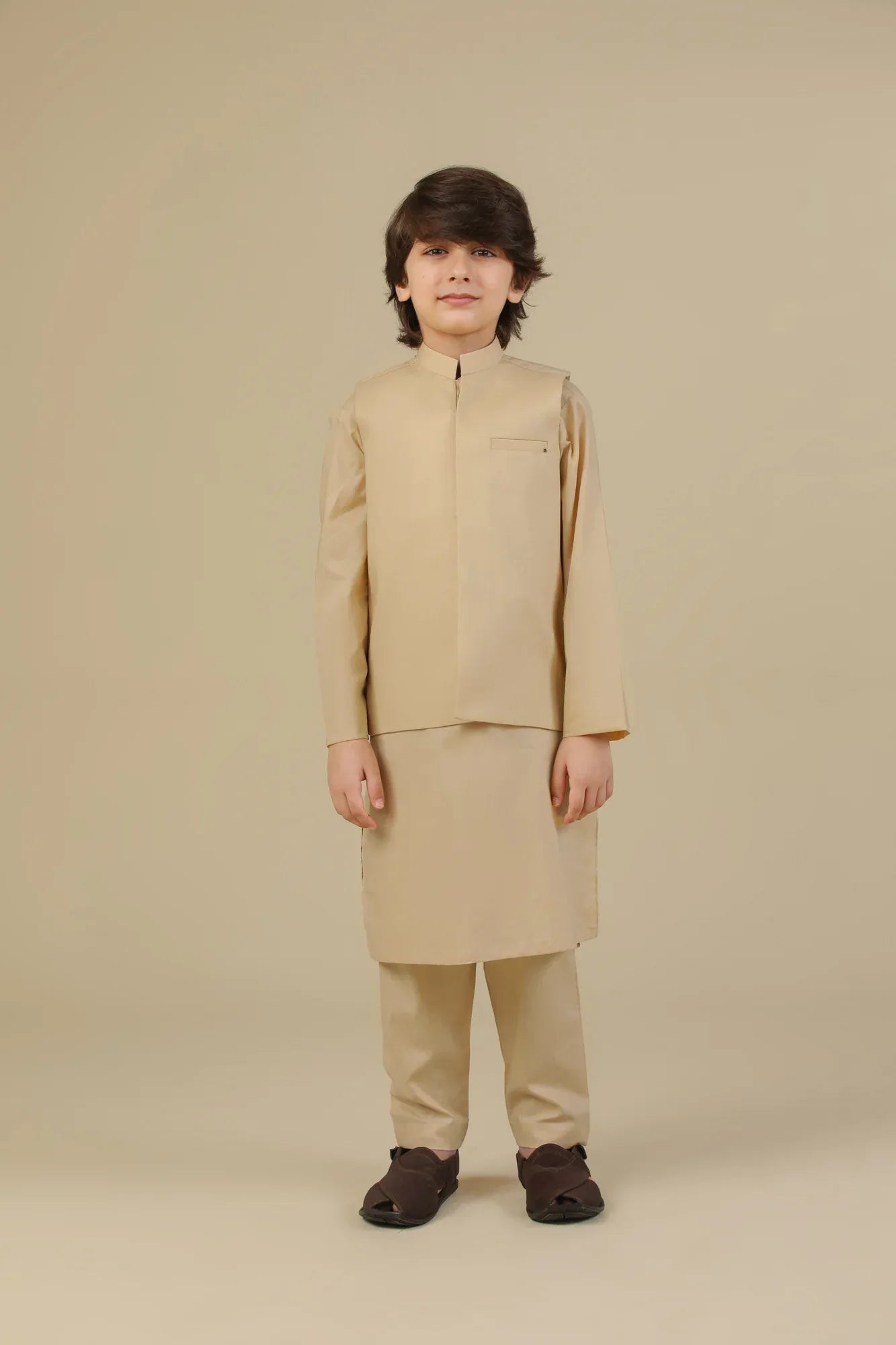 Ivory Skin Soft Cotton Kurta Trouser with Waistcoat - Kids - Muraqsh -- Kidswear