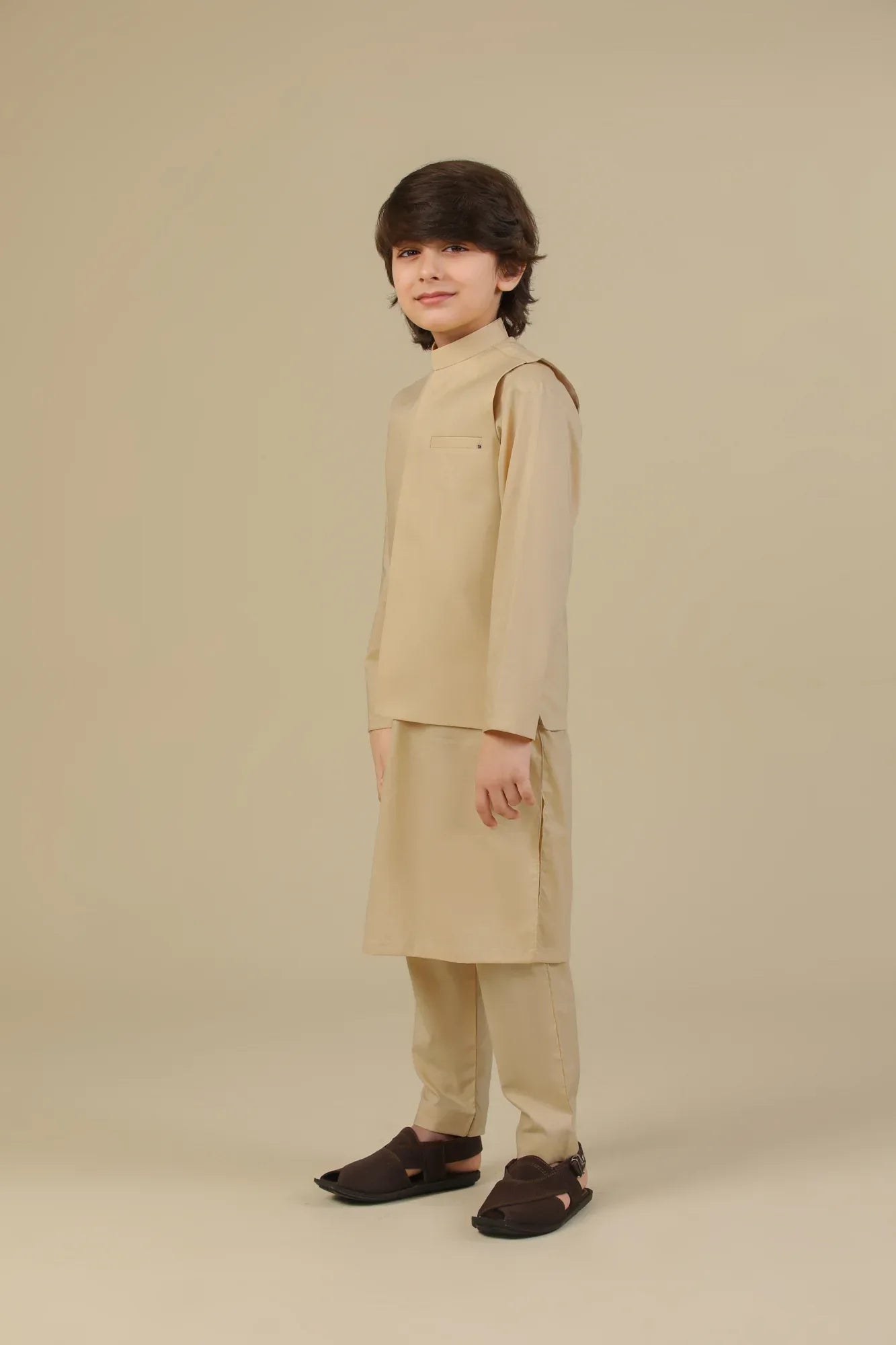 Ivory Skin Soft Cotton Kurta Trouser with Waistcoat - Kids - Muraqsh -- Kidswear