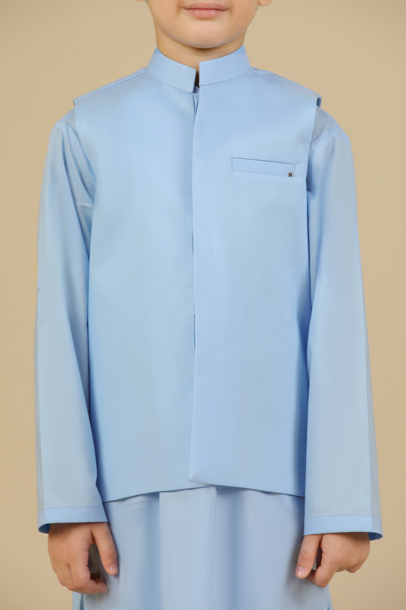 Sky Blue Soft Cotton Kurta Trouser with Waistcoat - Kids