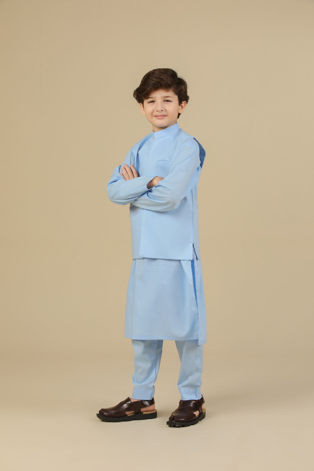 Sky Blue Soft Cotton Kurta Trouser with Waistcoat - Kids