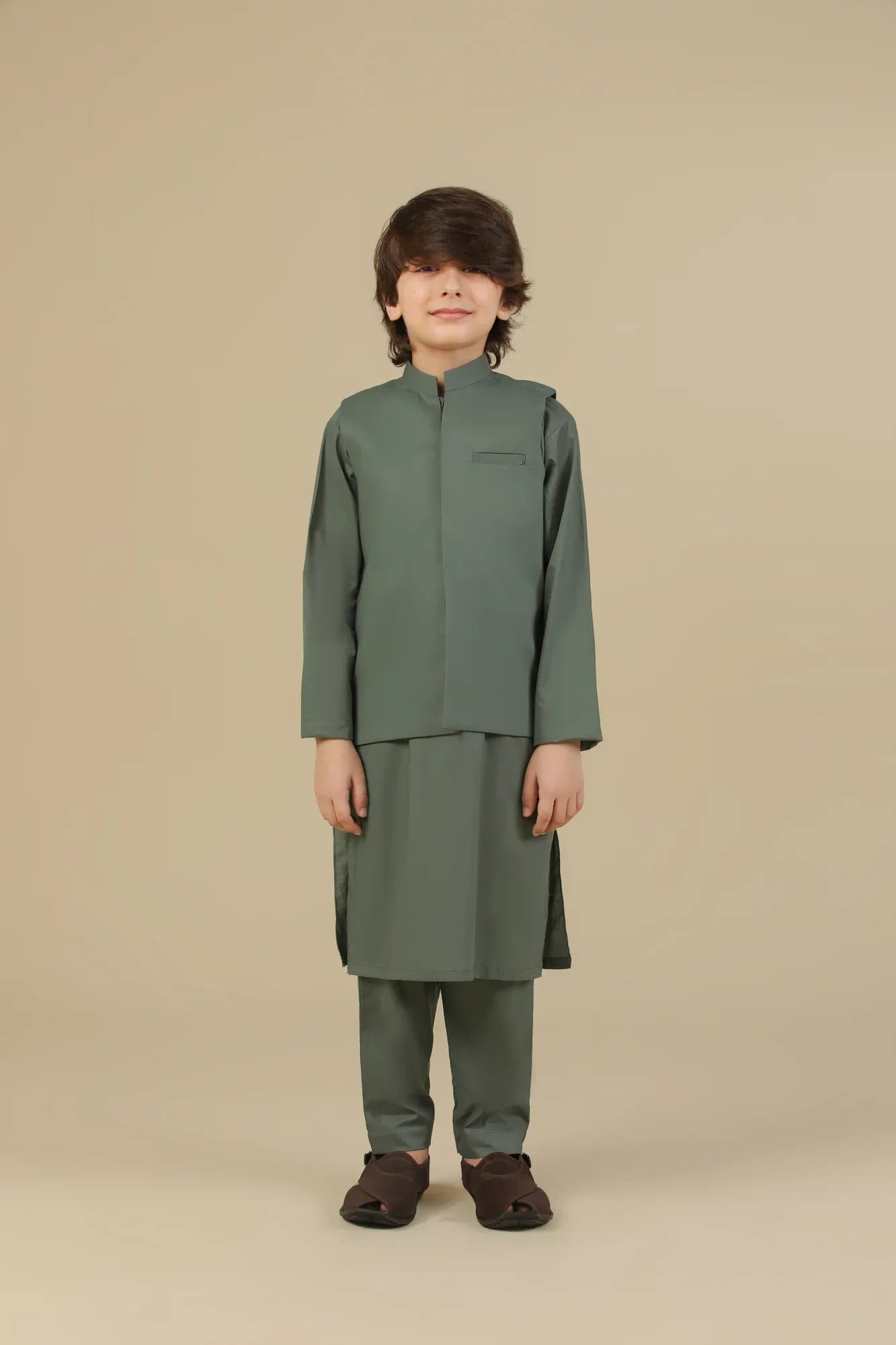 Army Green Soft Cotton Kurta Trouser with Waistcoat - Kids - Muraqsh -- Kidswear