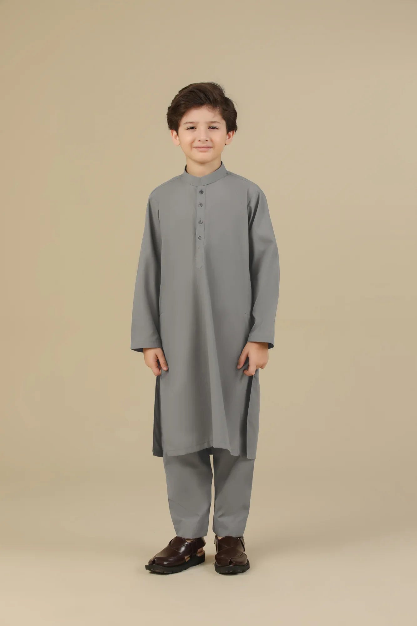 Sand Grey Blended Kurta Trouser - Kids - Muraqsh -- Kidswear