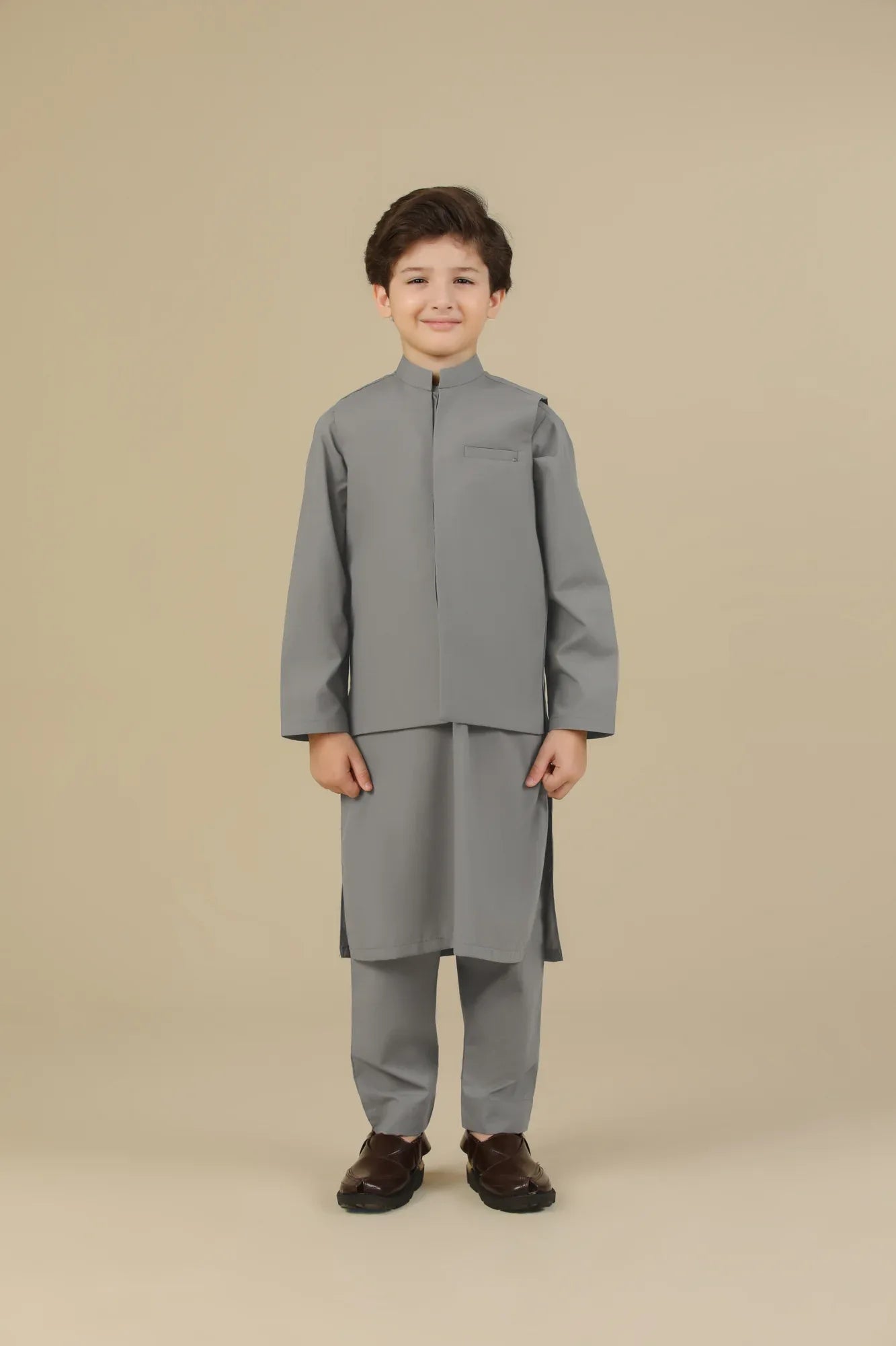 Sand Grey Kurta Trouser with Blended Waistcoat - Kids - Muraqsh -- Kidswear