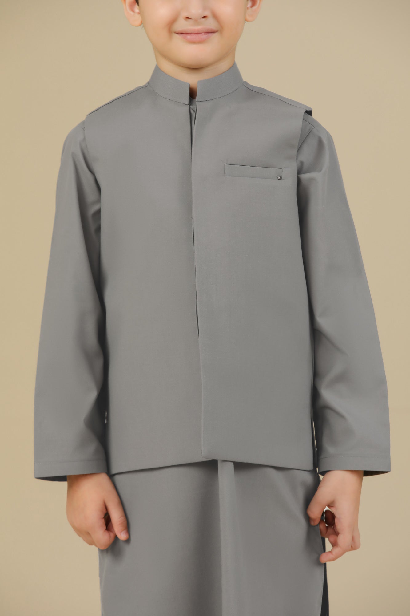 Sand Grey Kurta Trouser with Blended Waistcoat - Kids