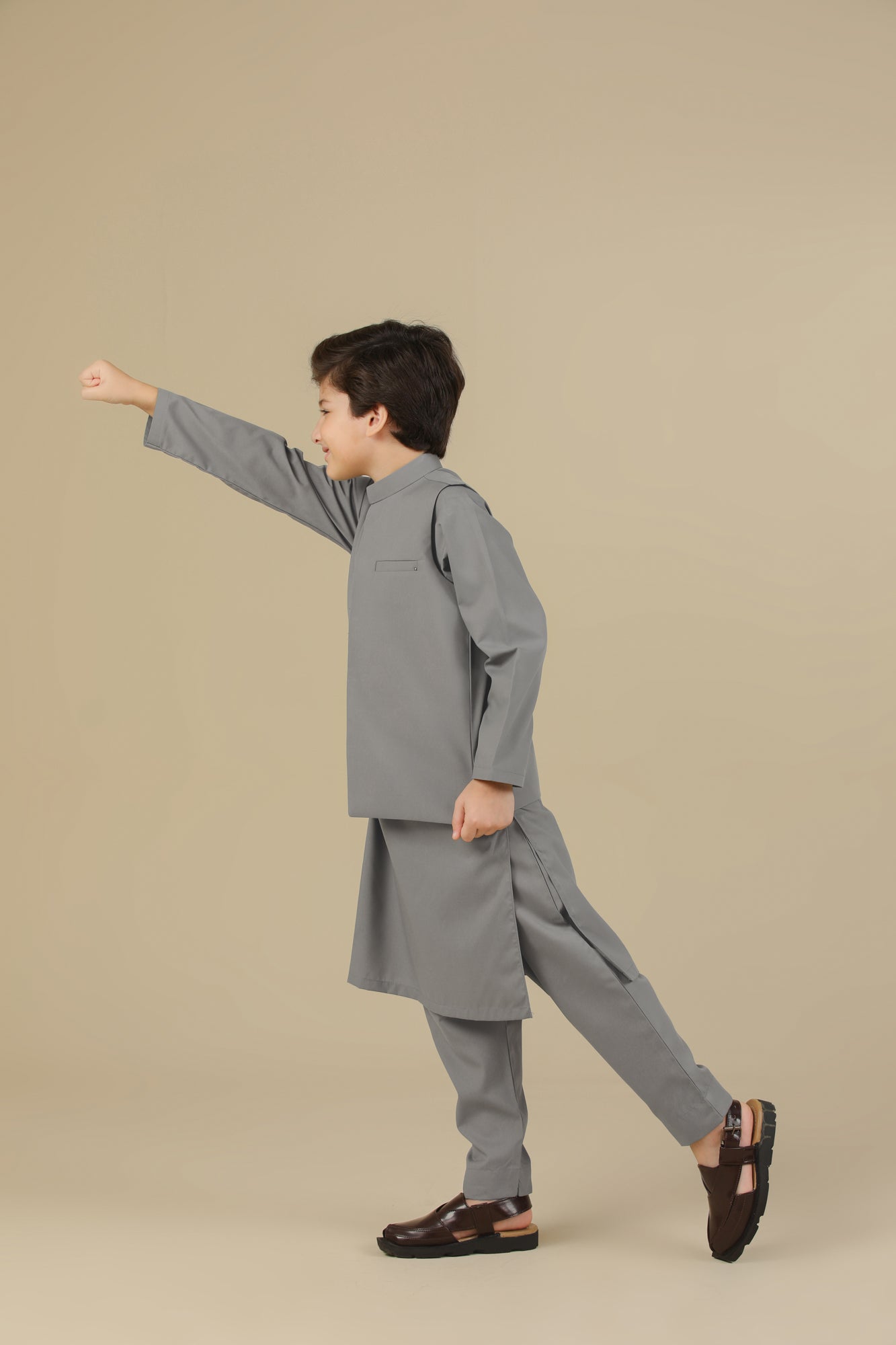 Sand Grey Kurta Trouser with Blended Waistcoat - Kids