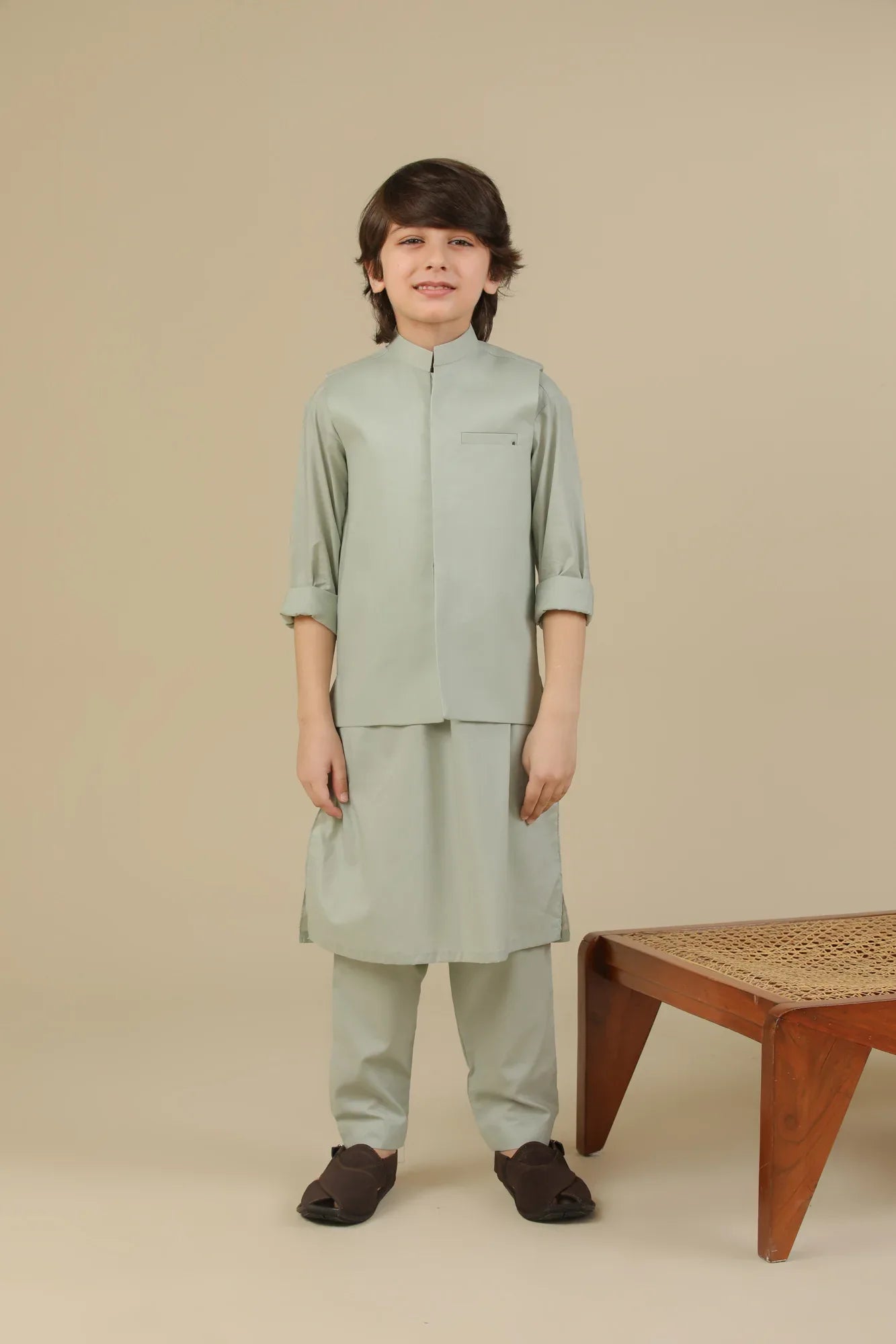 Light Mint Soft Cotton Kurta Trouser with Waistcoat - Kids - Muraqsh -- Kidswear