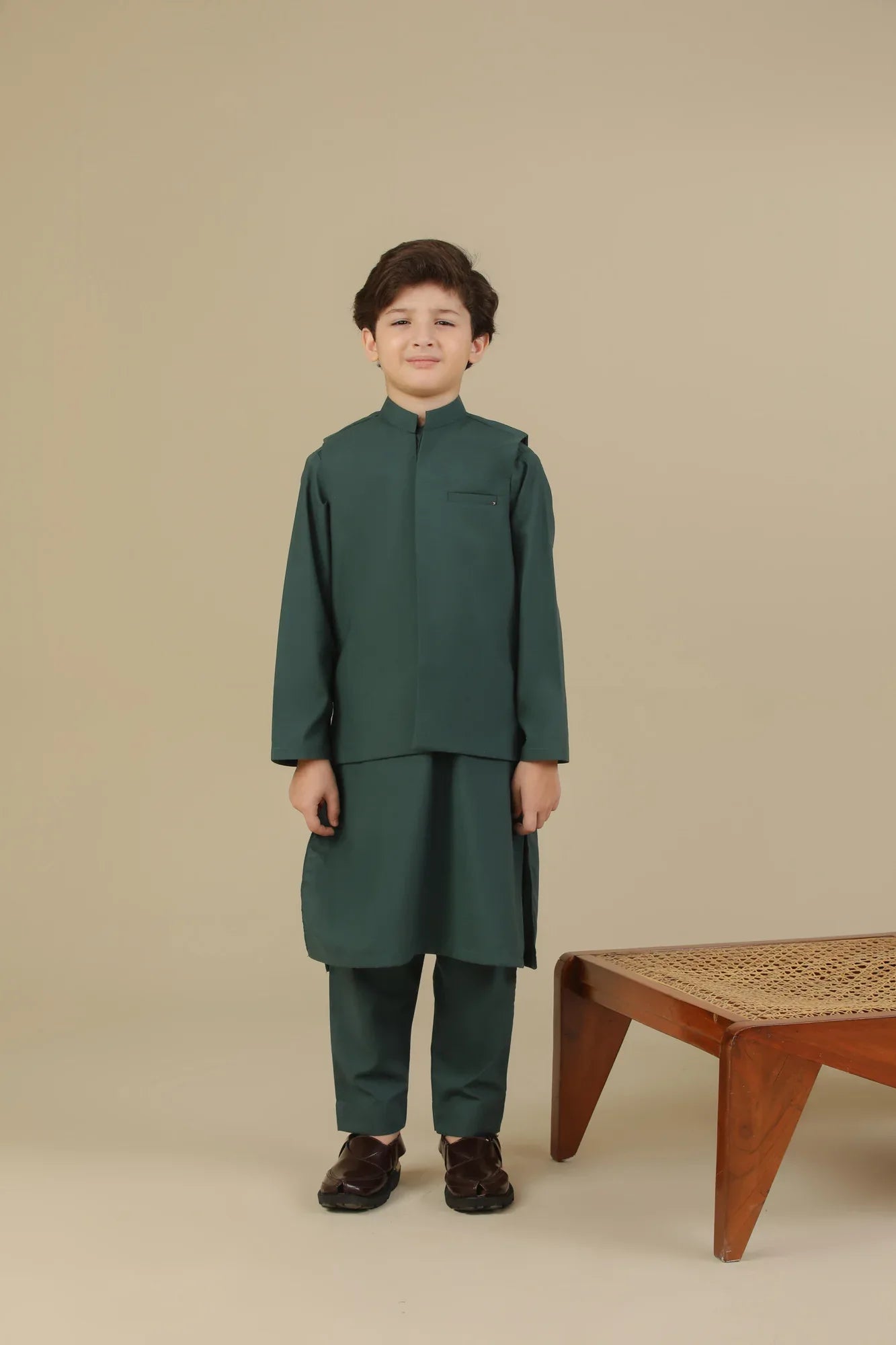 Bottle Green Kurta Trouser with Blended Waistcoat - Kids - Muraqsh -- Kidswear