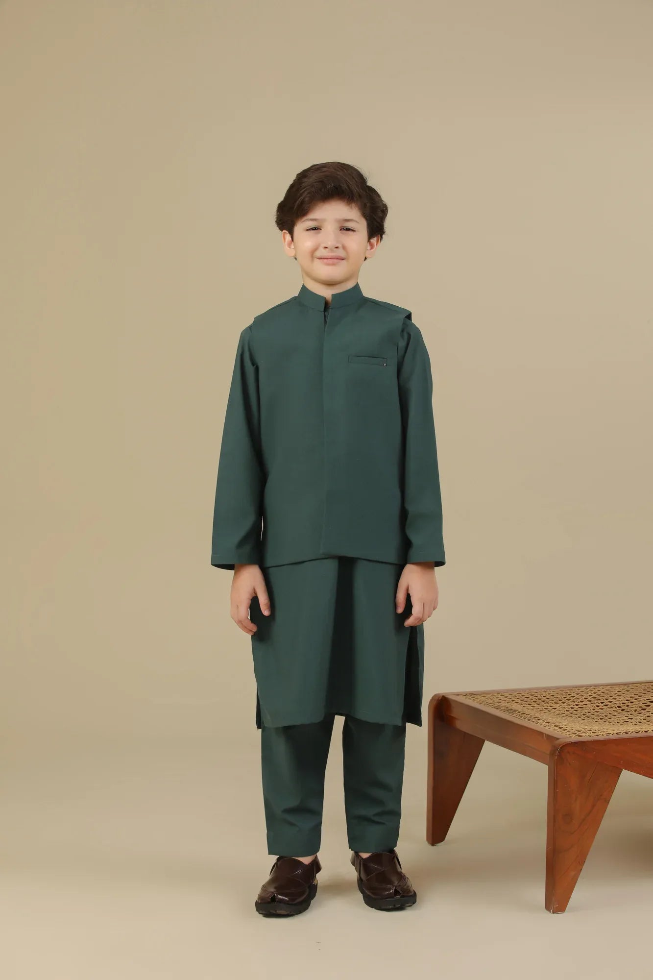 Bottle Green Kurta Trouser with Blended Waistcoat - Kids - Muraqsh -- Kidswear
